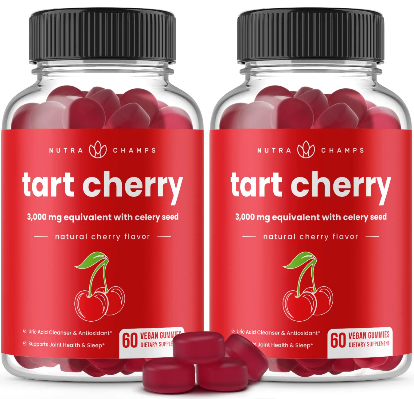 NutraChamps Tart Cherry Gummies - 3000mg Tart Cherry Extract + Celery Seed (60 Vegan Gummies) - Uric Acid Cleanse, Joint & Sleep Support