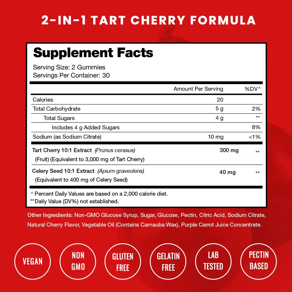 NutraChamps Tart Cherry Gummies - 3000mg Tart Cherry Extract + Celery Seed (60 Vegan Gummies) - Uric Acid Cleanse, Joint & Sleep Support - Image 2