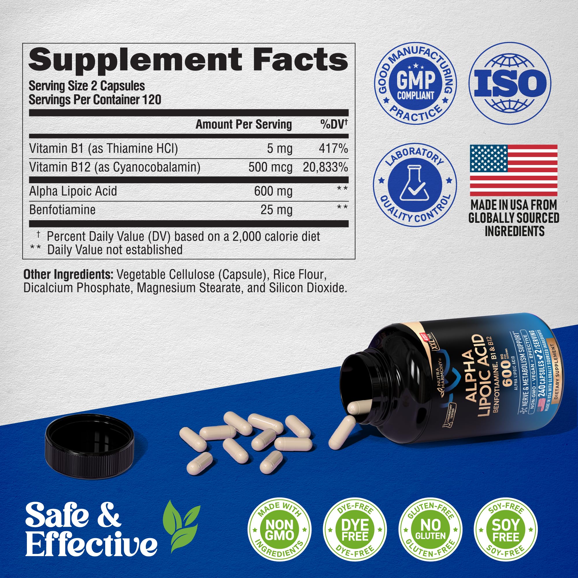 Nutraharmony Alpha Lipoic Acid 600mg – Extra Strength ALA with Benfotiamine, B1 & B12 (240 Veg Capsules) - Image 8