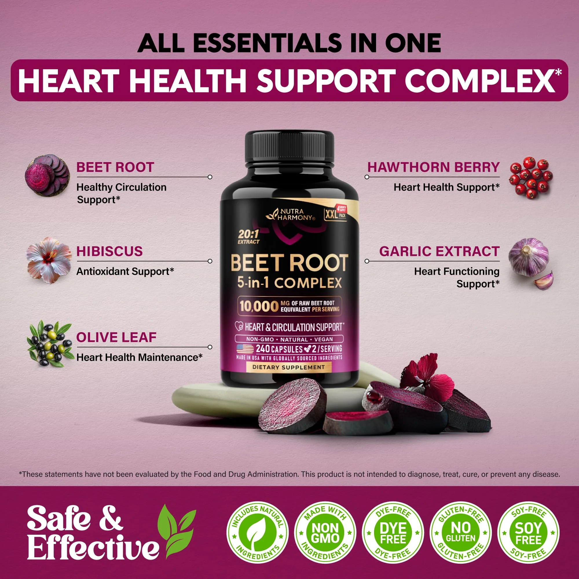 NutraHarmony Beet Root 5-in-1 Complex Capsules — Heart Health & Blood Pressure Support — 240 Capsules, Made in USA - Image 13