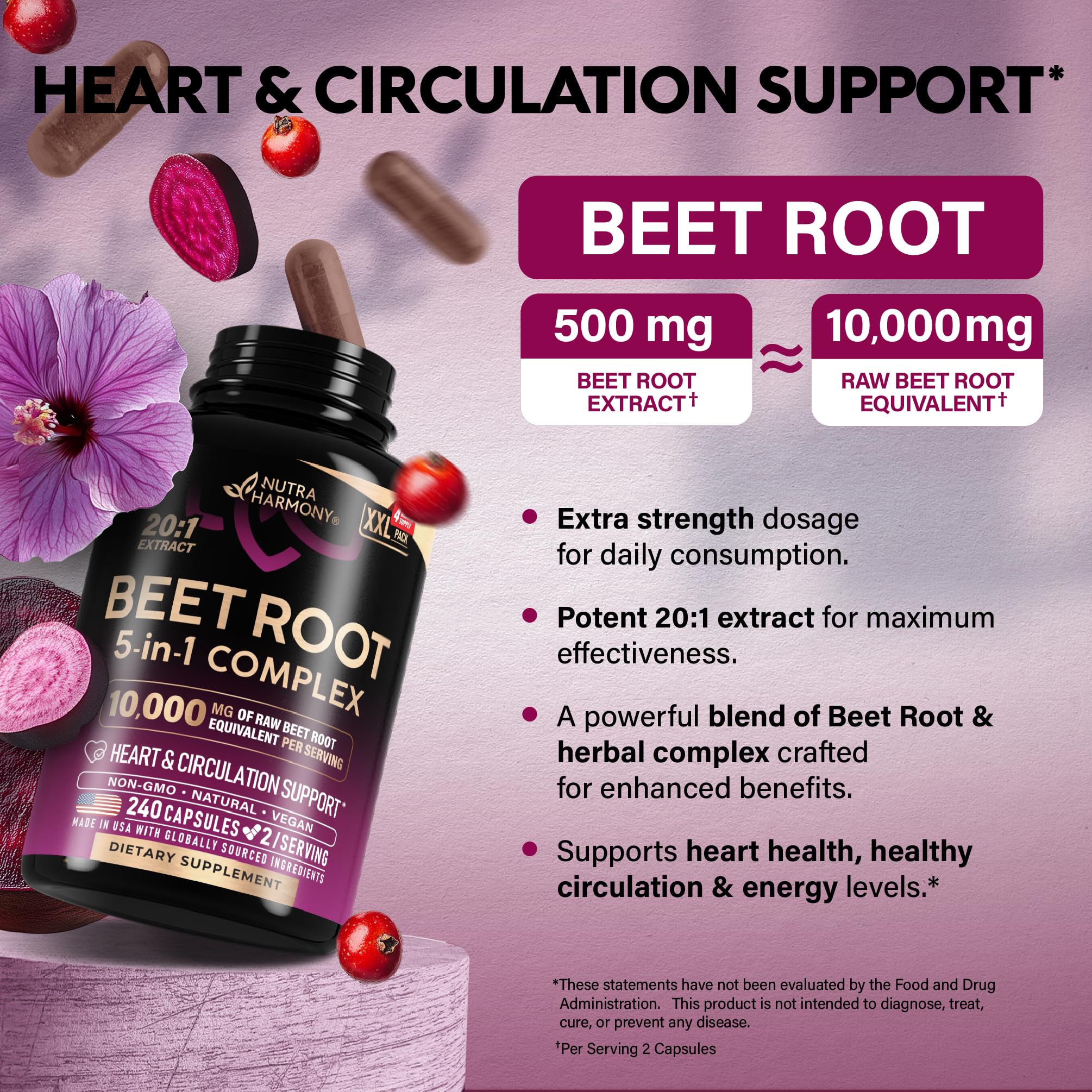 NutraHarmony Beet Root 5-in-1 Complex Capsules — Heart Health & Blood Pressure Support — 240 Capsules, Made in USA - Image 5