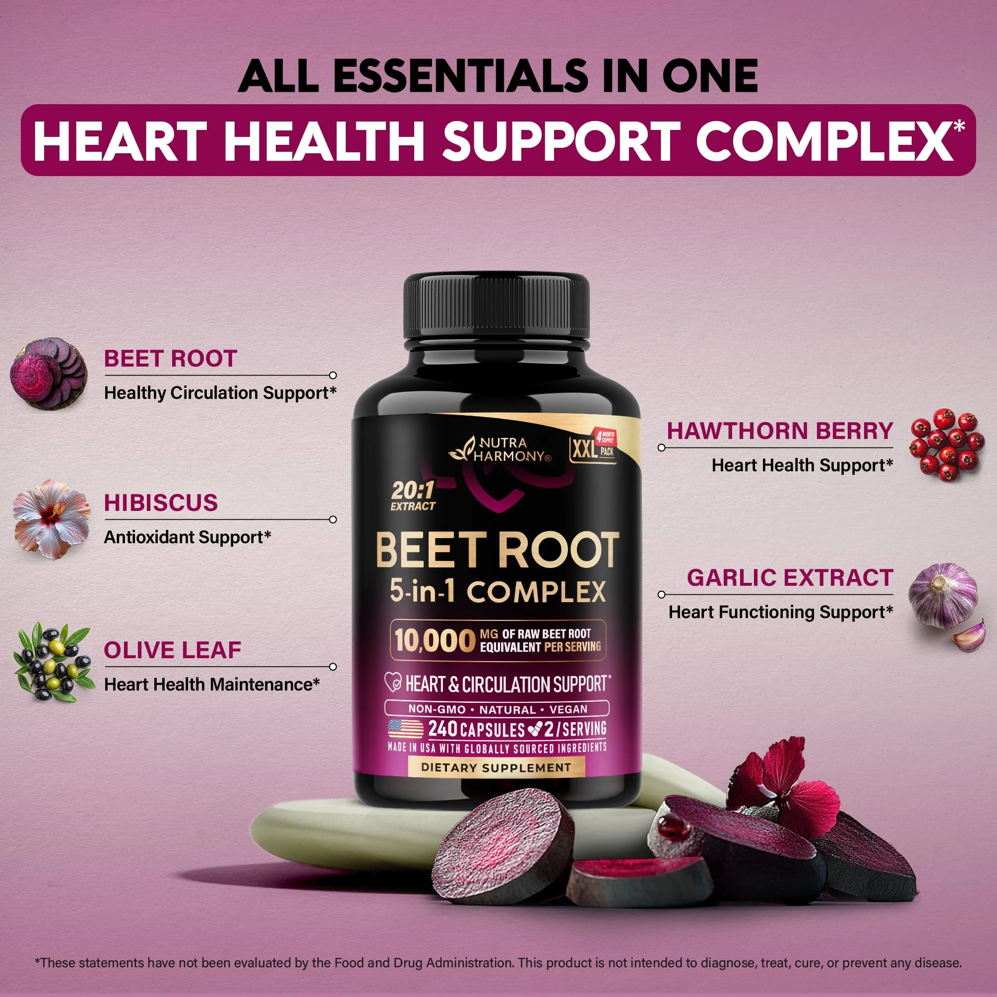NutraHarmony Beet Root 5-in-1 Complex Capsules — Heart Health & Blood Pressure Support — 240 Capsules, Made in USA - Image 6