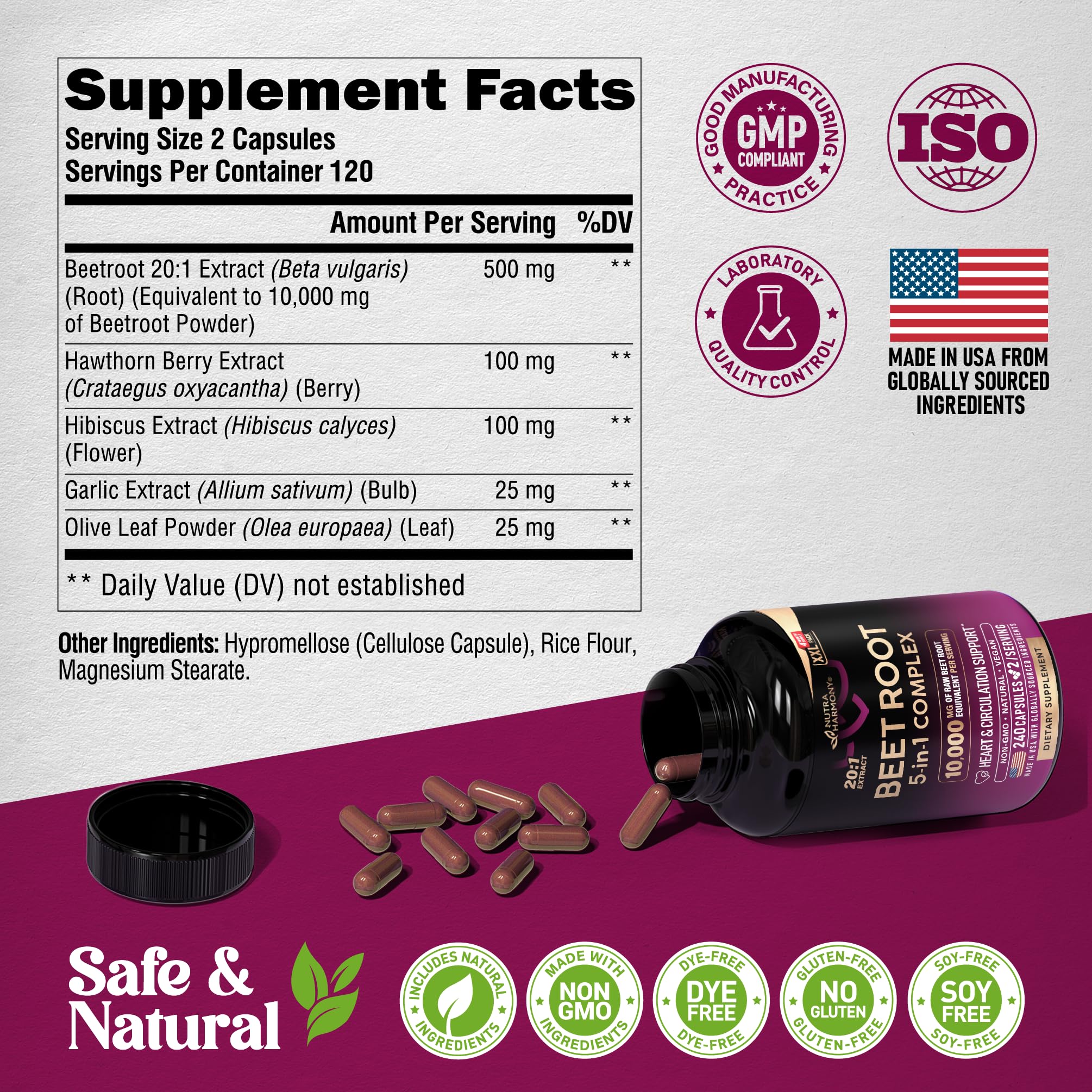 NutraHarmony Beet Root 5-in-1 Complex Capsules — Heart Health & Blood Pressure Support — 240 Capsules, Made in USA - Image 8