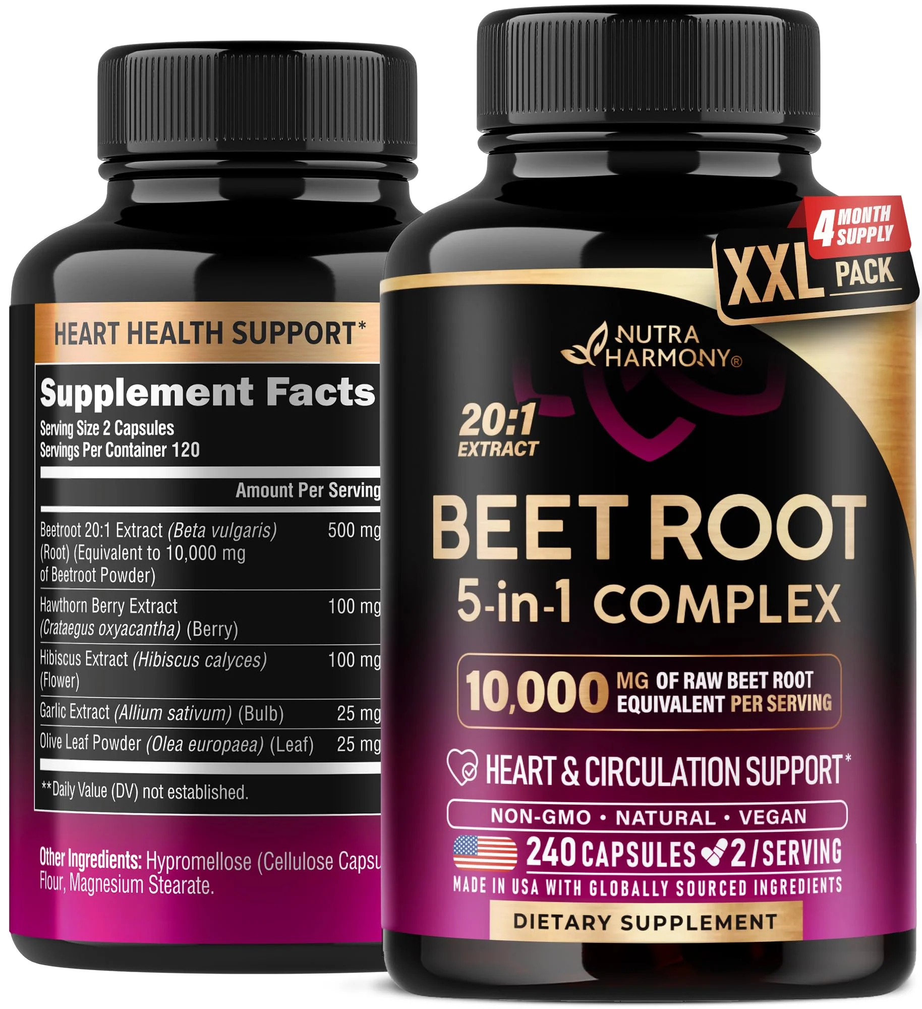 NutraHarmony Beet Root 5-in-1 Complex Capsules — Heart Health & Blood Pressure Support — 240 Capsules, Made in USA - Image 9