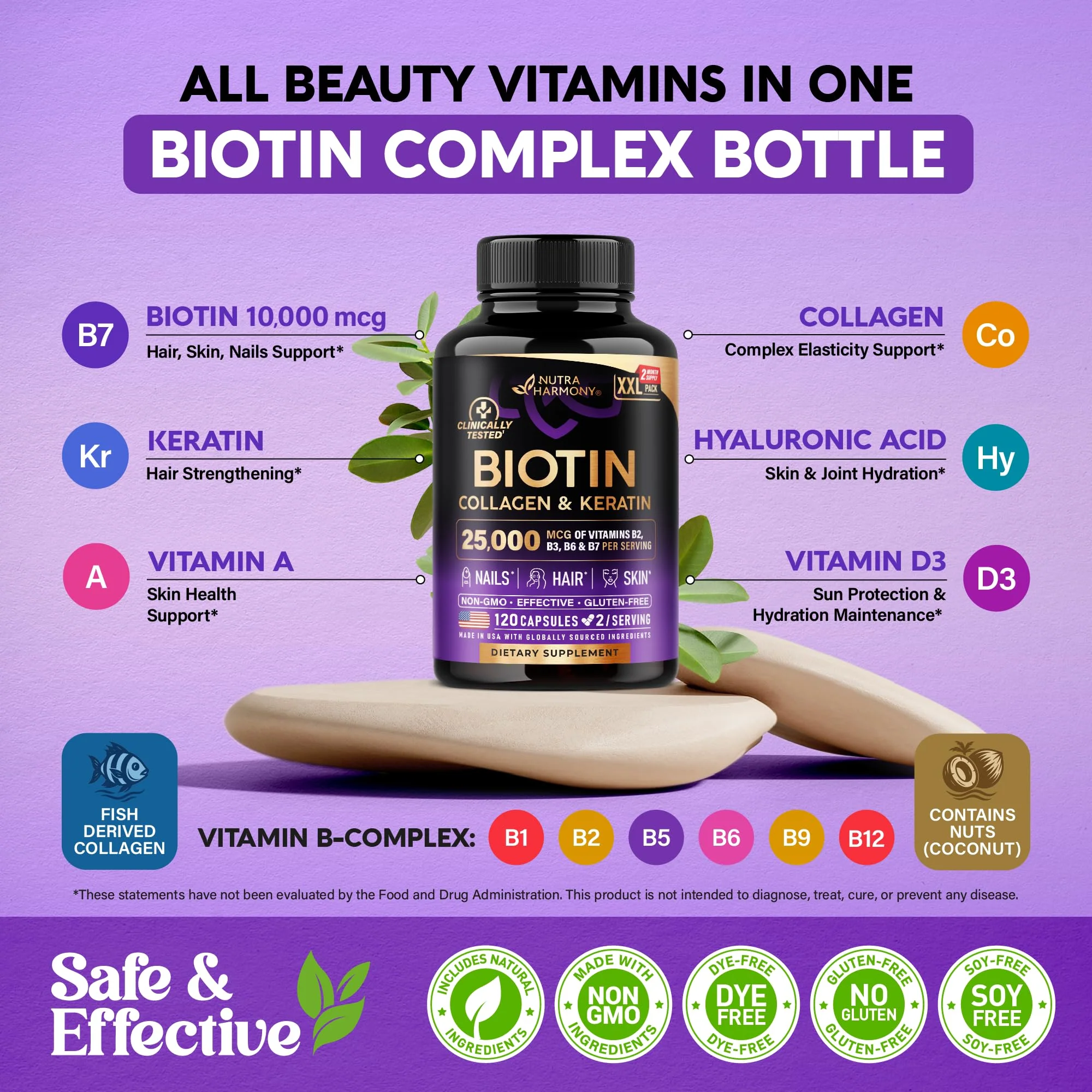 Nutraharmony Biotin + Collagen + Keratin with Hyaluronic Acid — Hair, Skin & Nails Support, 25,000 mcg Biotin, 120 Capsules, Made in USA - Image 4