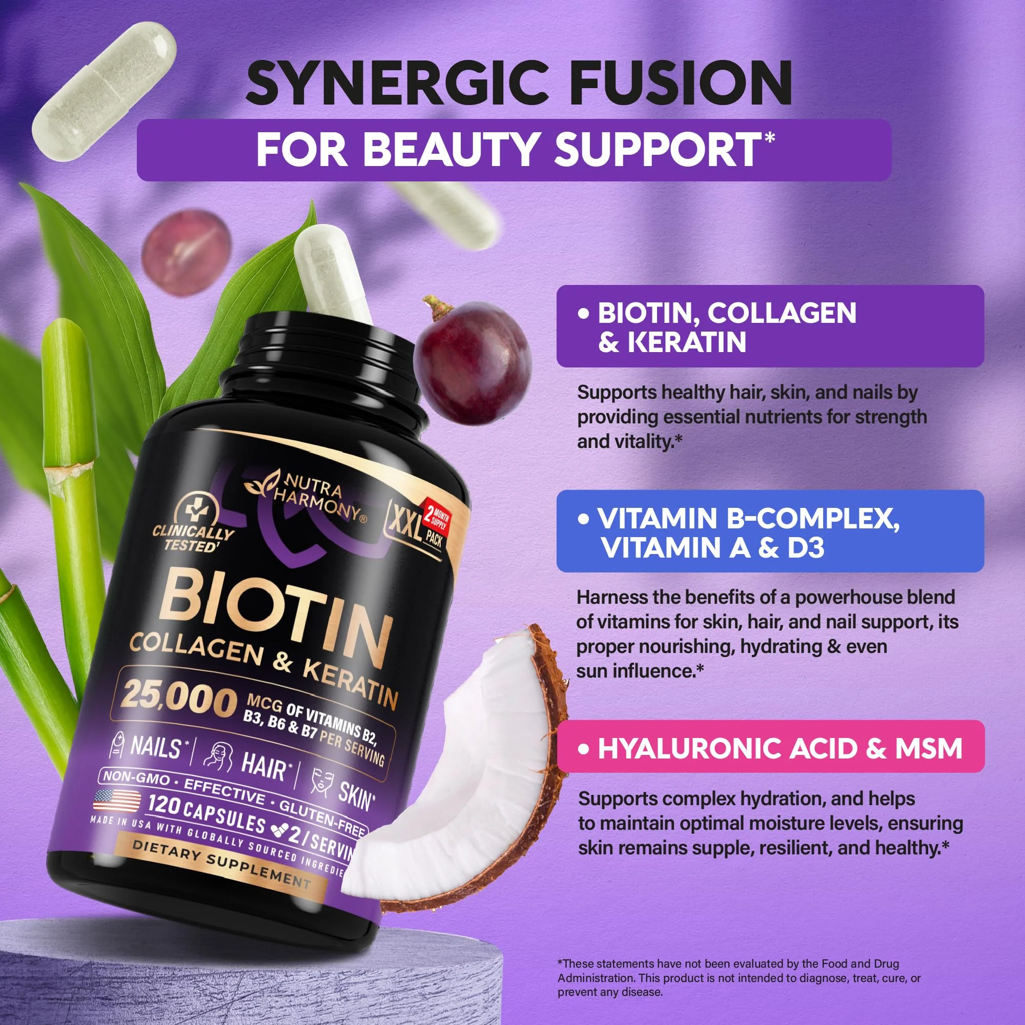 Nutraharmony Biotin + Collagen + Keratin with Hyaluronic Acid — Hair, Skin & Nails Support, 25,000 mcg Biotin, 120 Capsules, Made in USA - Image 5