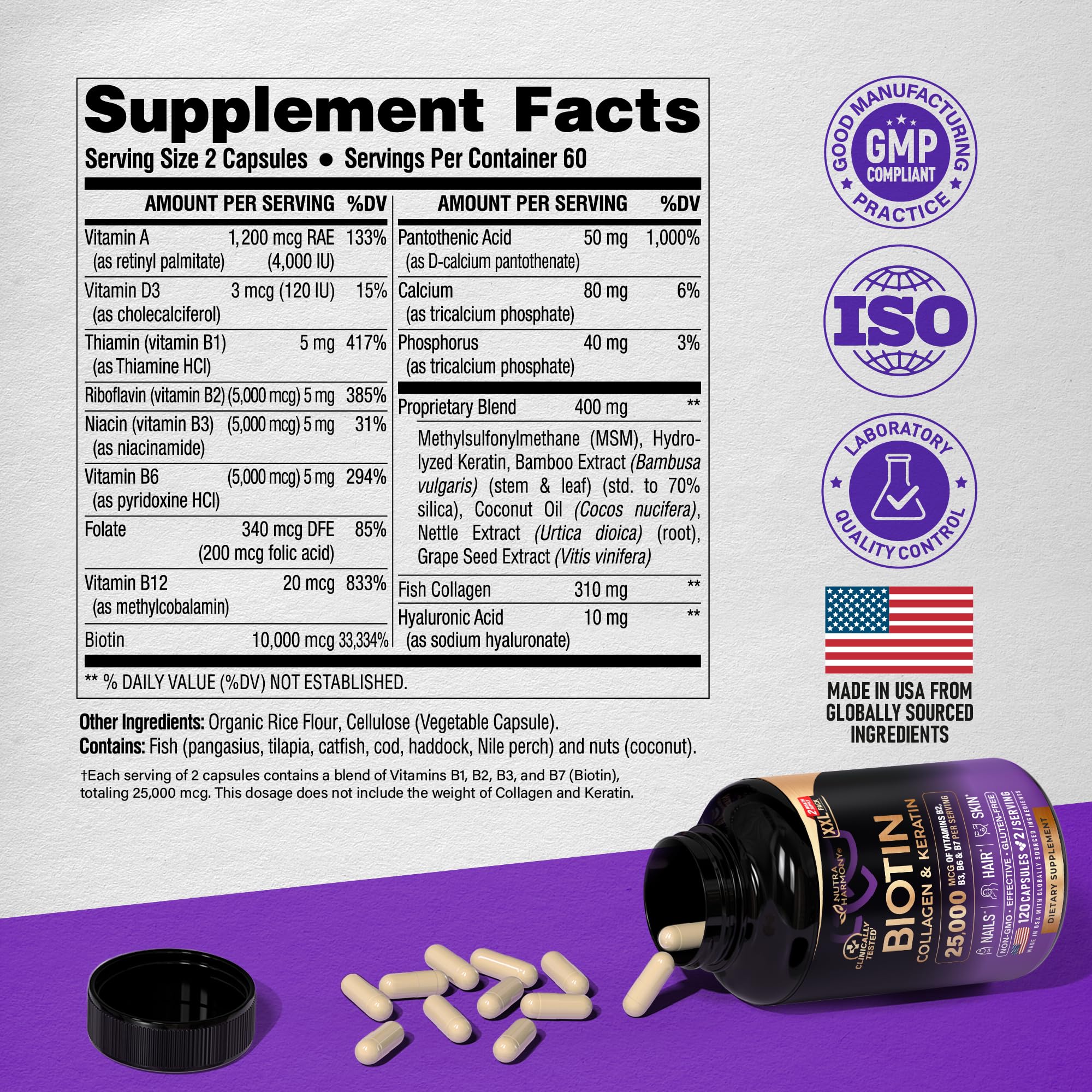 Nutraharmony Biotin + Collagen + Keratin with Hyaluronic Acid — Hair, Skin & Nails Support, 25,000 mcg Biotin, 120 Capsules, Made in USA - Image 7