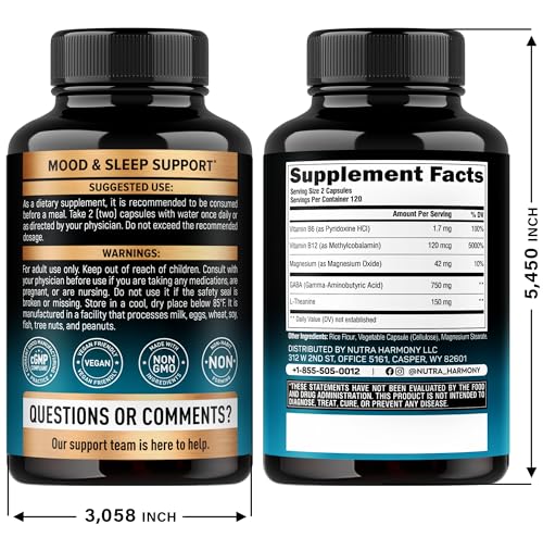 NUTRAHARMONY GABA L-Theanine 900mg – Made in USA | Magnesium & Vitamin B6 | Calm, Sleep & Mood Support – 240 Capsules - Image 2