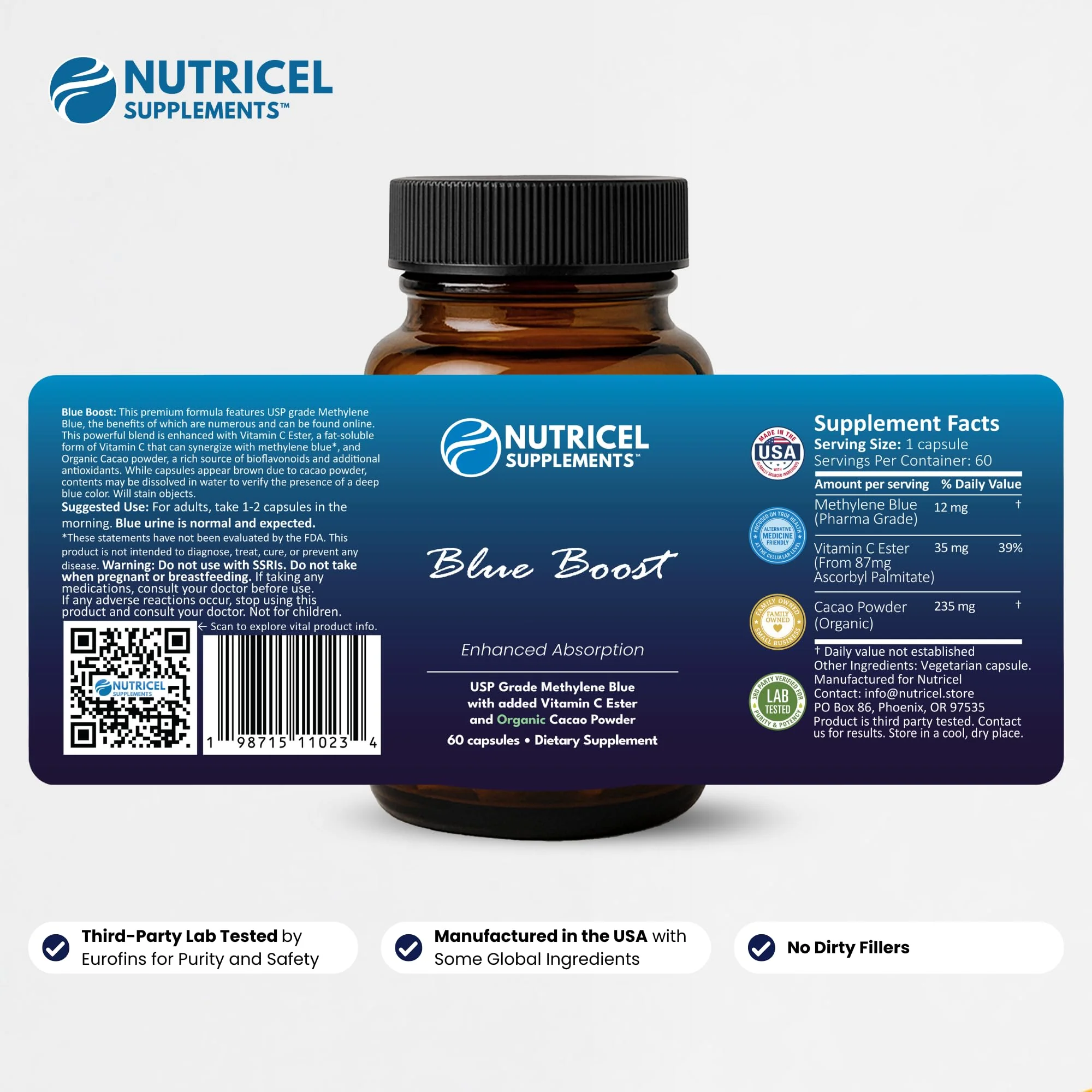 Nutricel Methylene Blue Capsules 12 mg | 60ct | Vitamin C Ester | Made in USA - Image 7