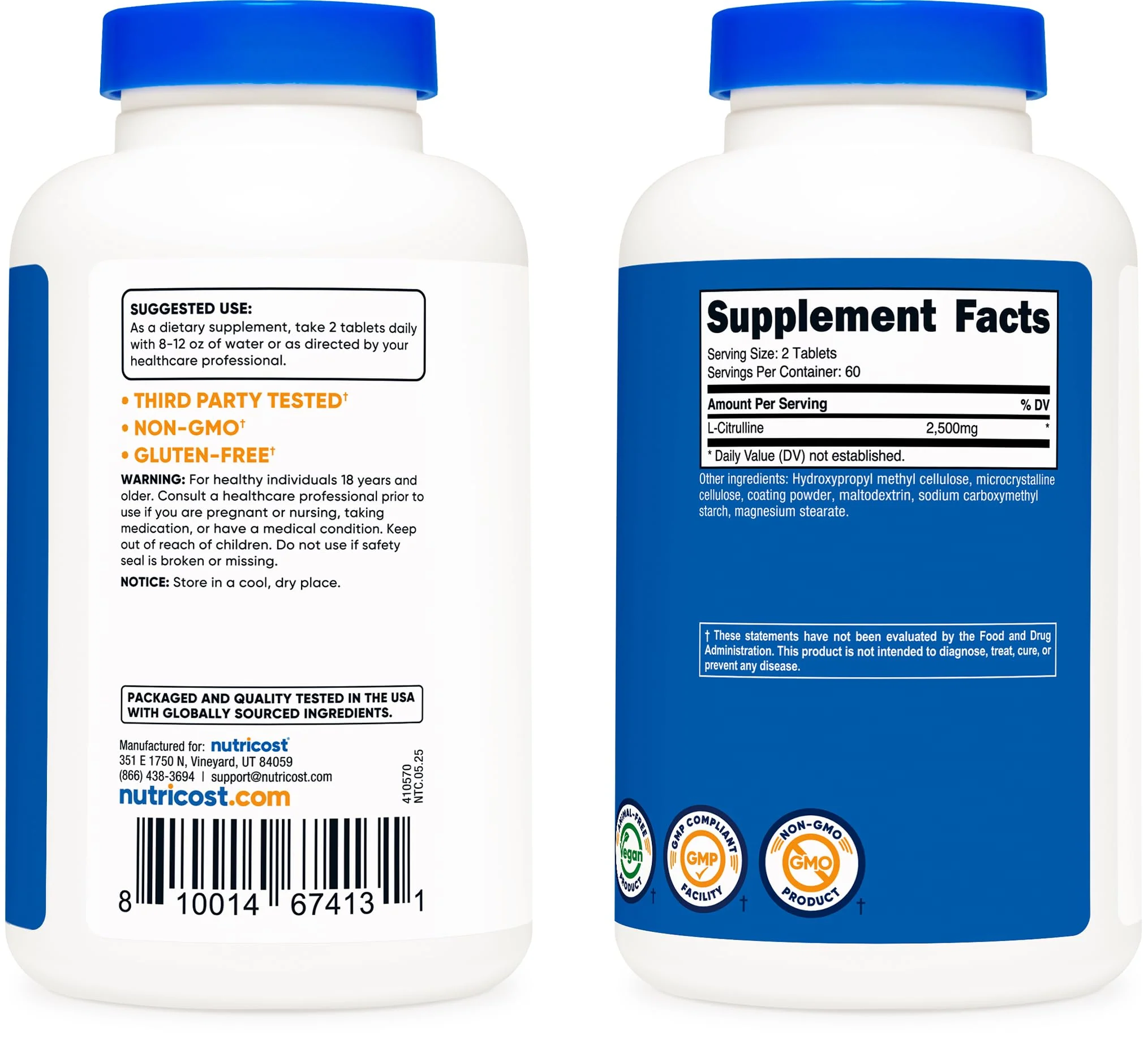 Nutricost L-Citrulline 2500 mg per Serving – 120 Tablets, 2-Pack (Non-GMO & Gluten Free) | GMP & FDA Registered - Image 4
