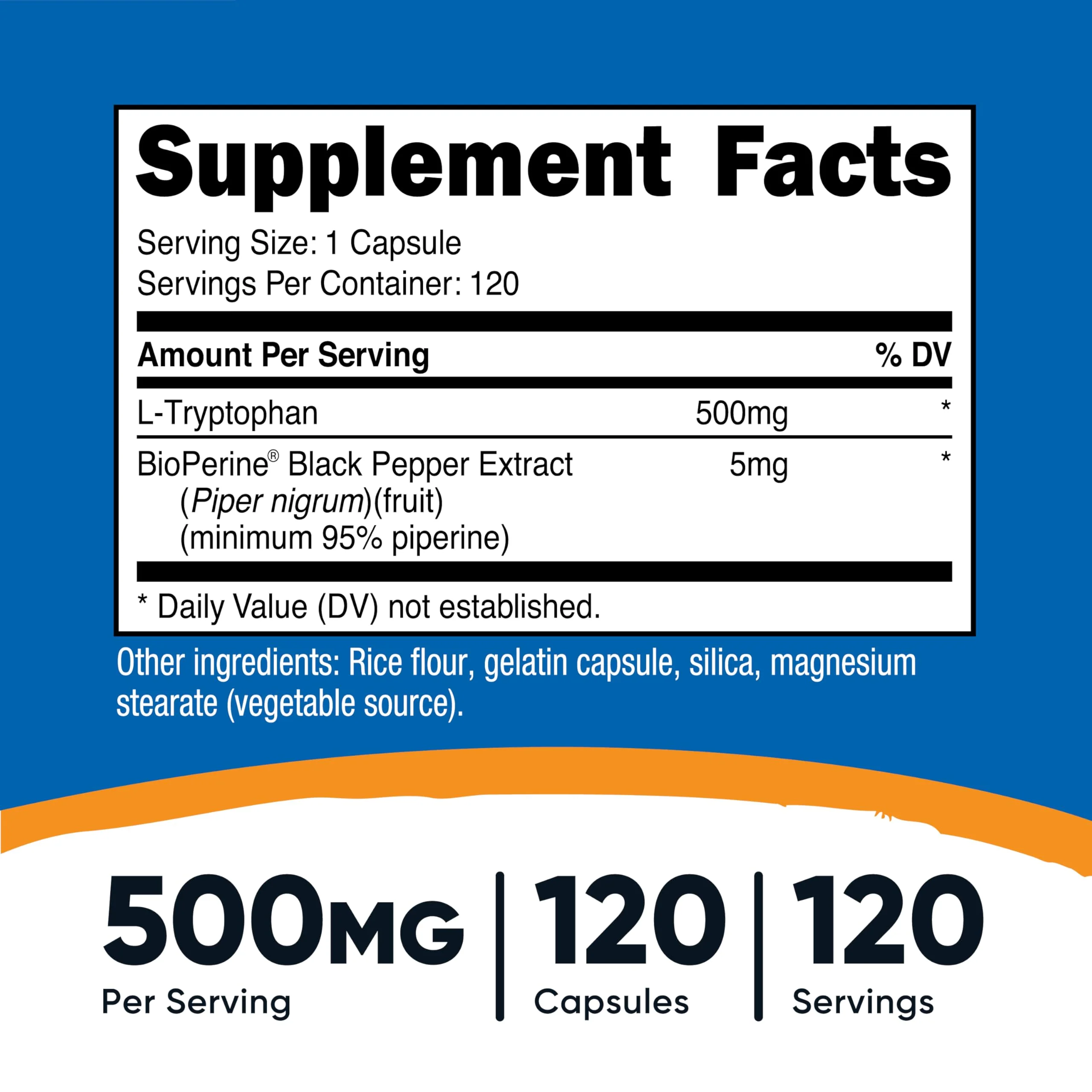Nutricost L-Tryptophan 500mg – 120 Capsules per Bottle, with BioPerine, Gluten Free, Non-GMO (Pack of 2) - Image 2