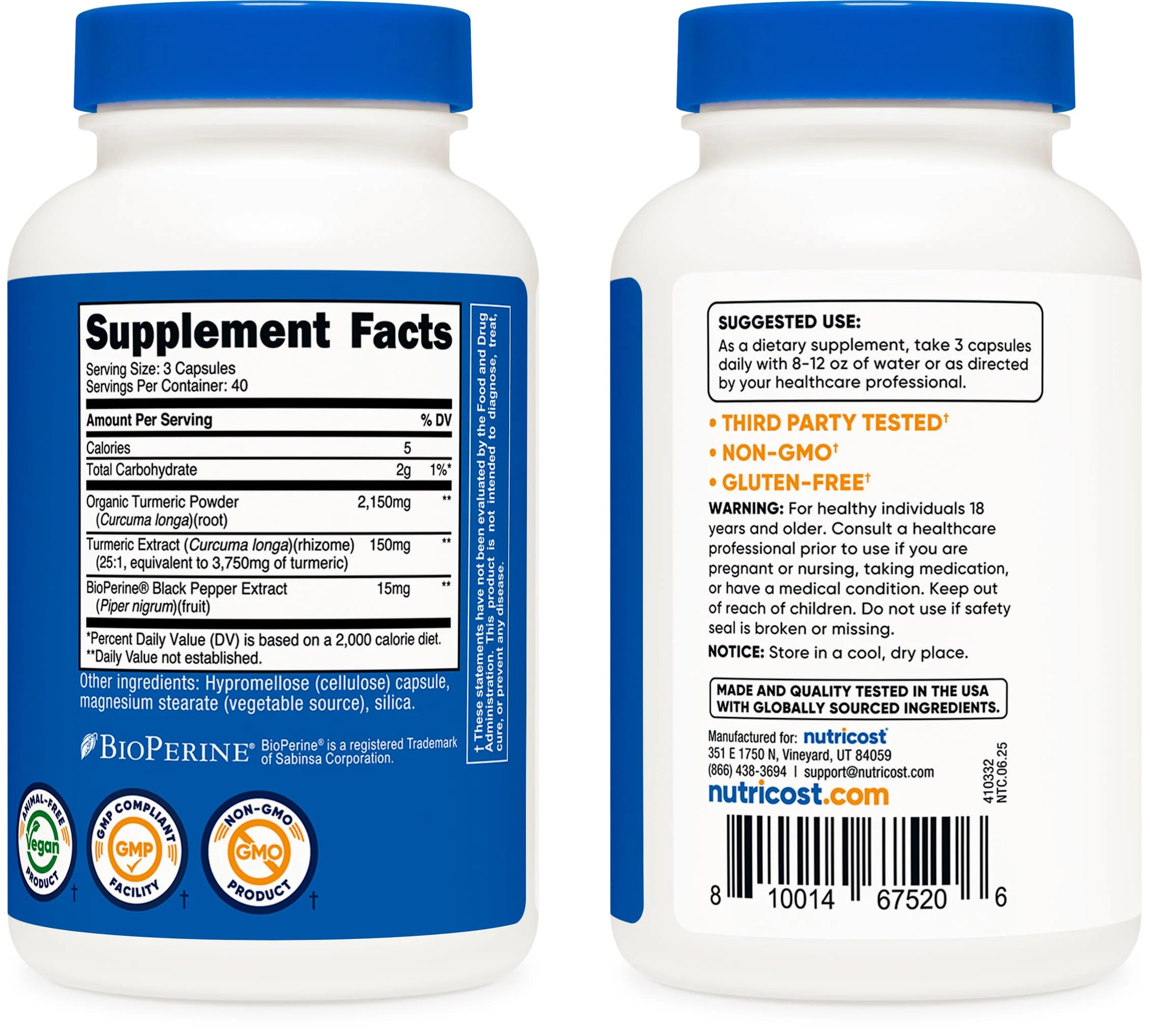 Nutricost Turmeric Curcumin with BioPerine – 2300mg Per Serving, 95% Curcuminoids, 120 Veggie Capsules (Pack of 2) - Image 4