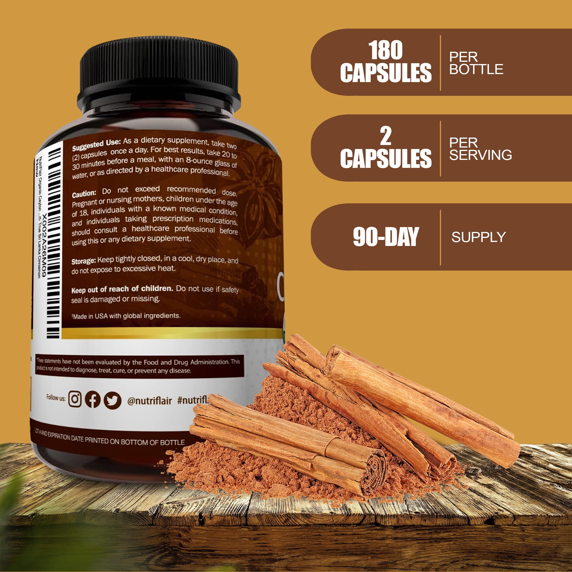 NutriFlair Organic Ceylon Cinnamon – 1200mg per Serving, 180 Capsules | Joints, Inflammation, Antioxidant - Image 2