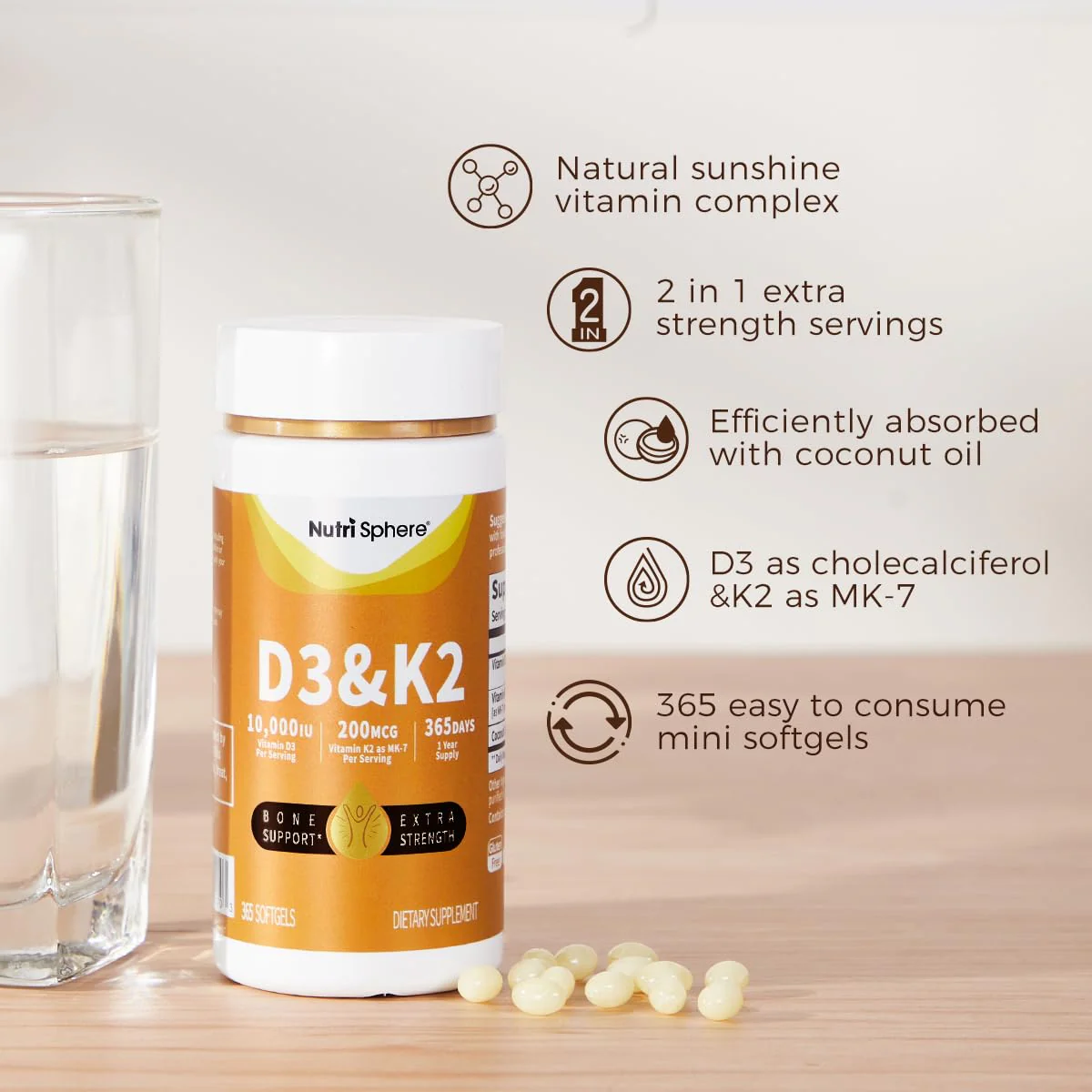 NutriSphere Vitamin D3 and K2 MK-7 – 365 Softgels, 10,000 IU D3 / 200 mcg K2 MK-7 - Image 3