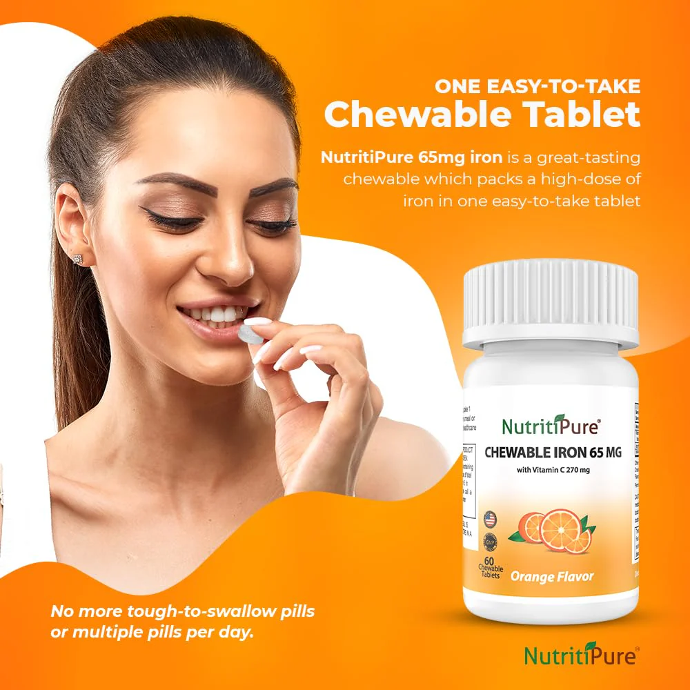 NutritiPure Chewable Iron 65 mg with Vitamin C 270 mg – Orange Flavor, 60 Count - Image 10