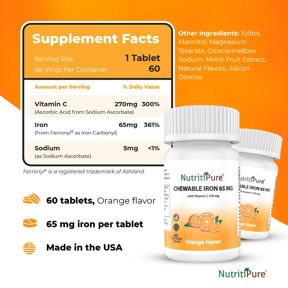 NutritiPure Chewable Iron 65 mg with Vitamin C 270 mg – Orange Flavor, 60 Count - Image 14