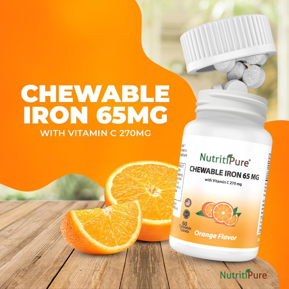 NutritiPure Chewable Iron 65 mg with Vitamin C 270 mg – Orange Flavor, 60 Count - Image 2