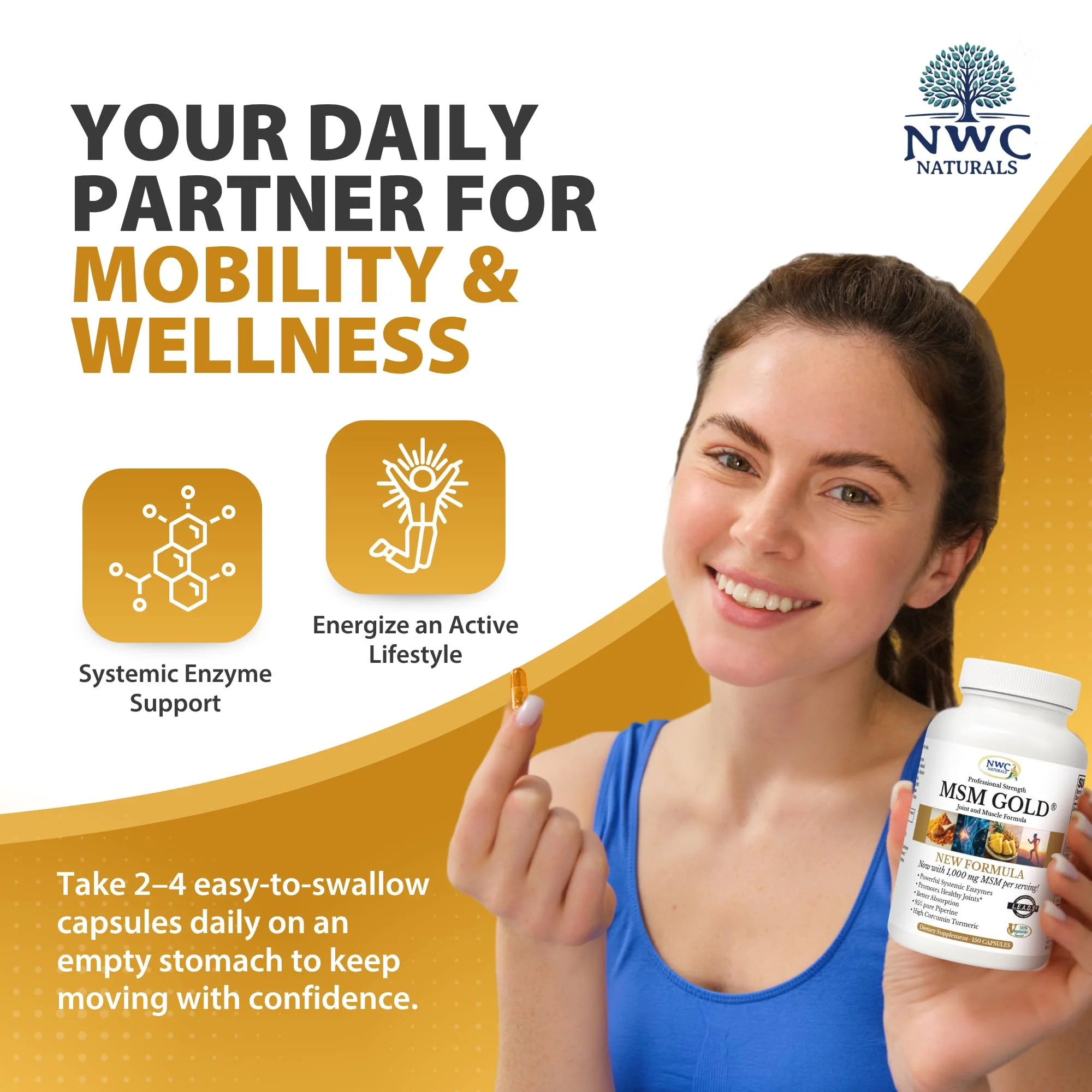 NWC Naturals MSM Gold – Systemic Enzyme + Turmeric, Lycopene & BioPerine for Joint & Muscle Support - Image 6