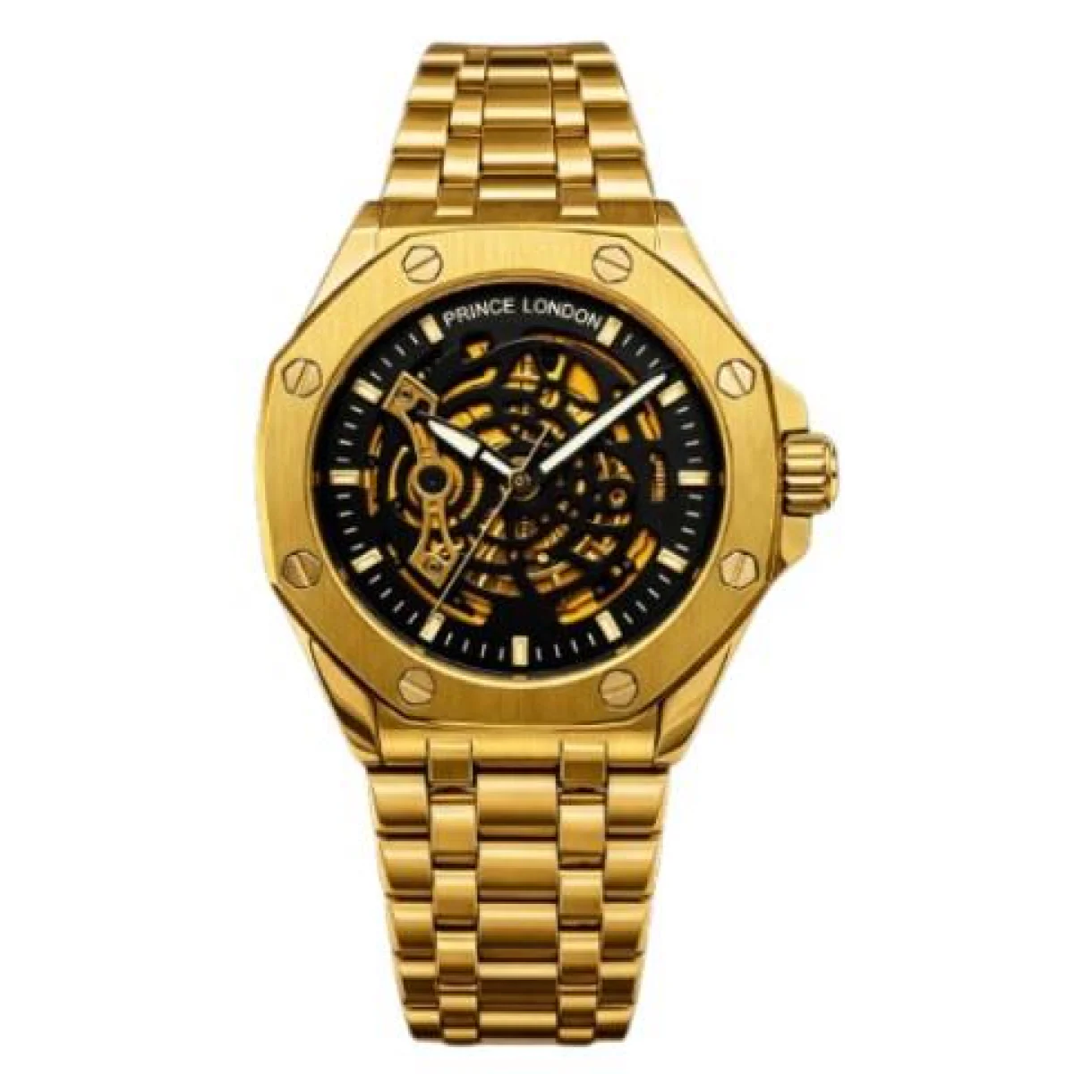 NYL Mens Automatic Metal Hollow mechanical Dial Analogue Gold/Black Metal Bracelet Watch NY London - Image 2