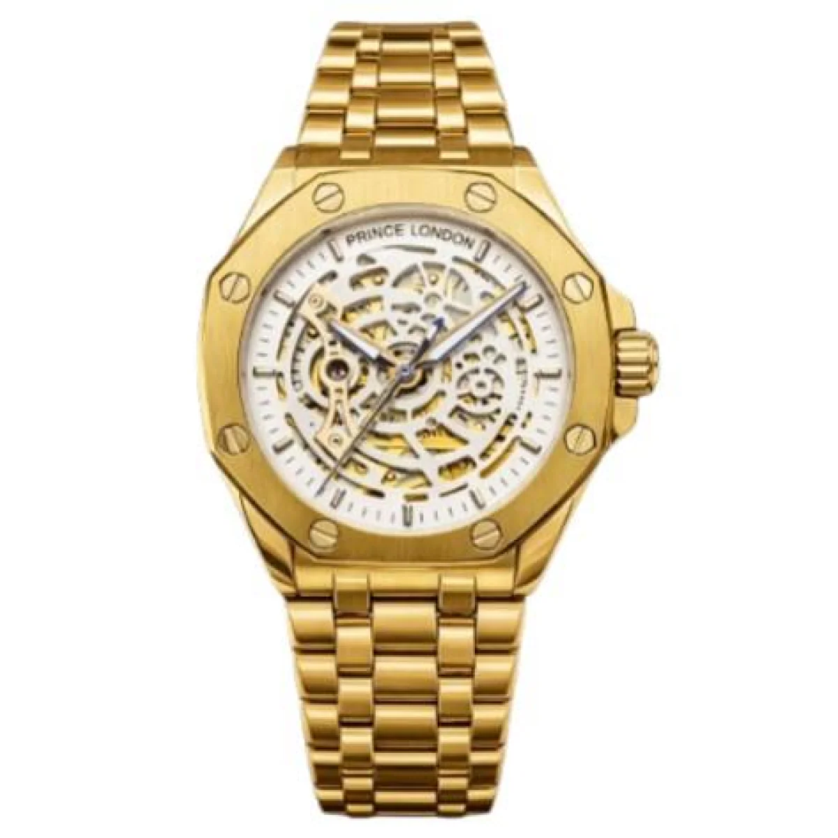 NYL Mens Automatic Metal Hollow mechanical Dial Analogue Gold/White Metal Bracelet Watch NY London - Image 2