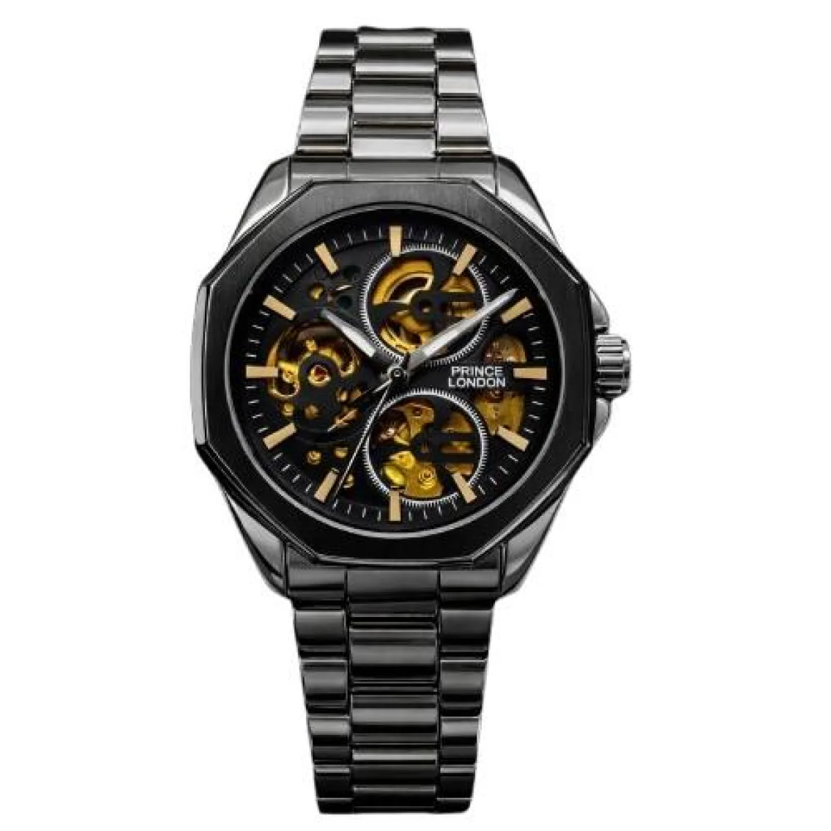 NYL Mens Automatic Metal Hollow Mechanical Octagon Dial Analogue Silver/Black Metal Bracelet Watch NY London - Image 2