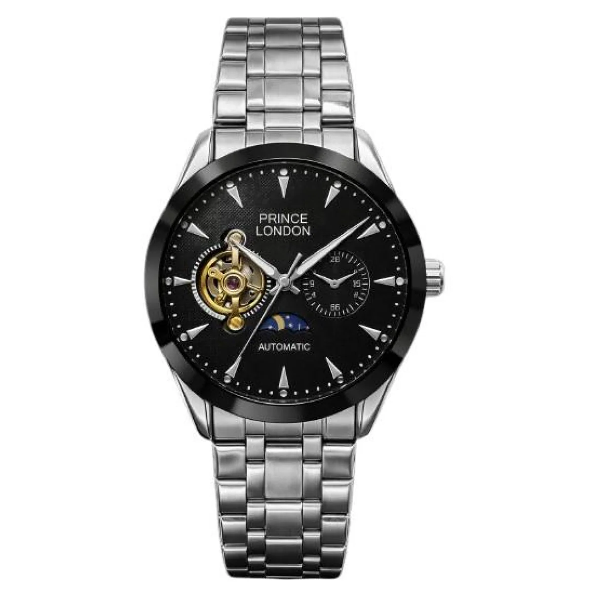 NYL Mens Automatic Metal Mechanical Round Face Multi Dial Analogue Silver/Black Metal Bracelet Watch NY London