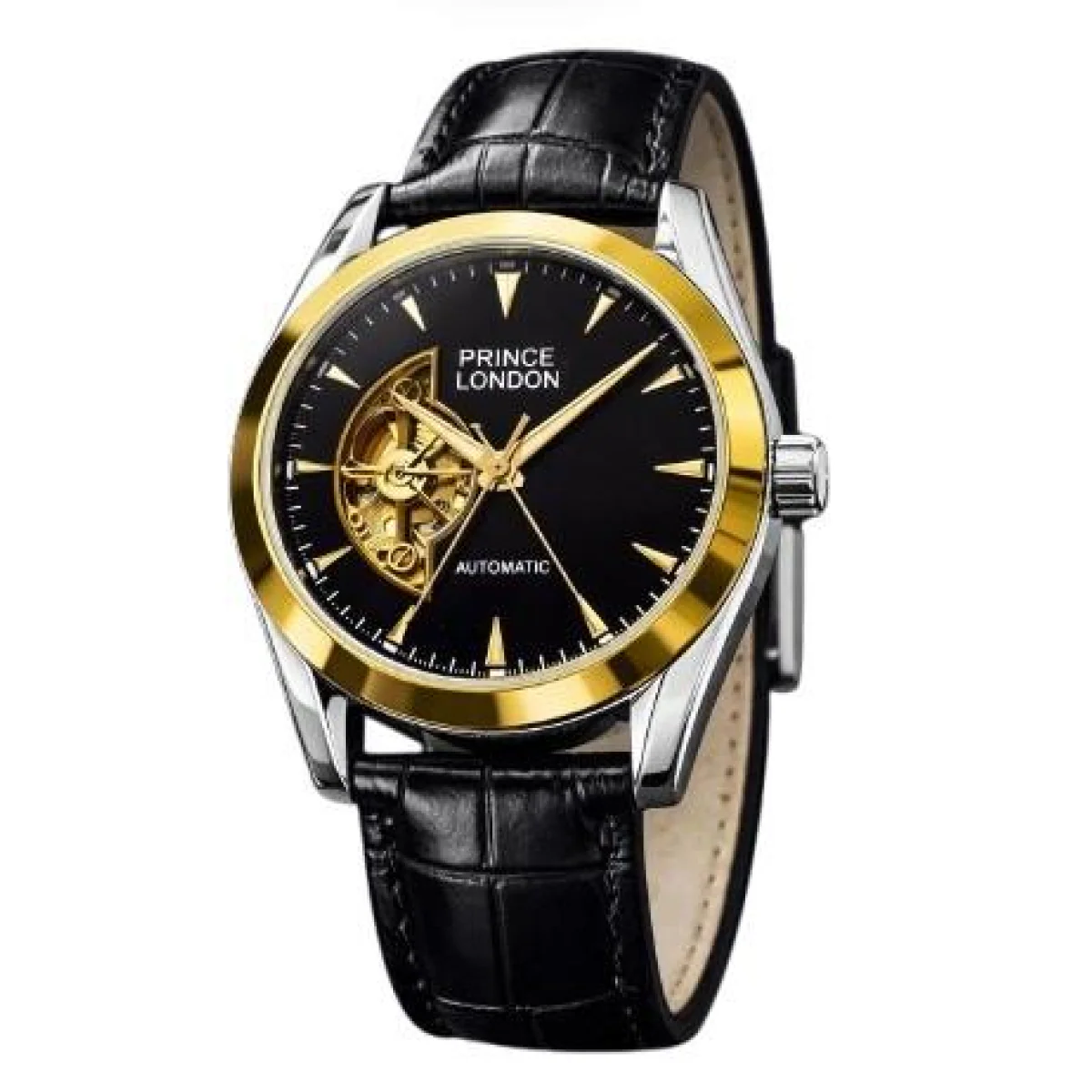 NYL Mens Fashion Automatic Leather Mechanical Round Face Dial Analogue Gold/Black Faux Leather Strap Watch NY London - Image 2