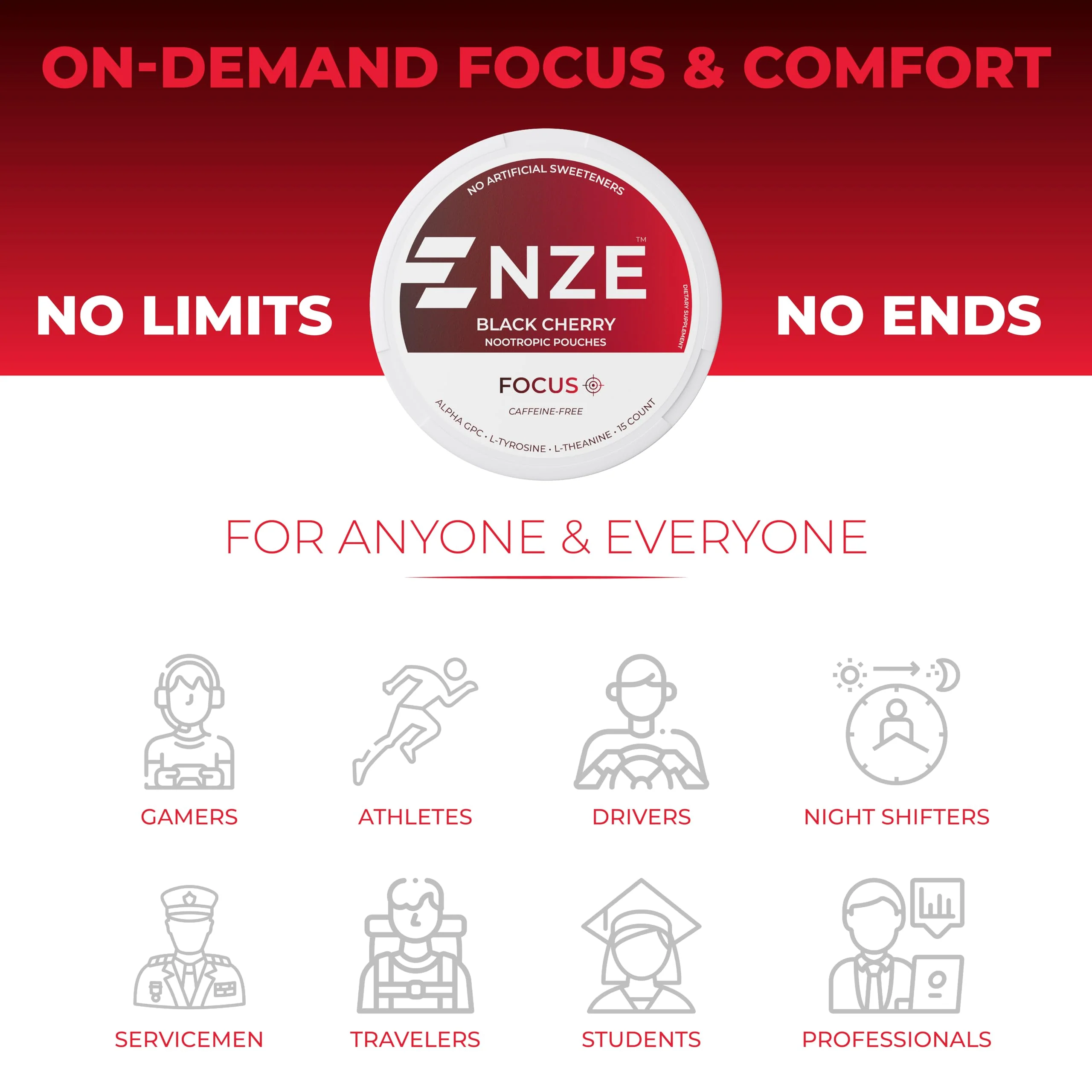 NZE Caffeine Free Nootropic Pouches - Black Cherry (15 Pouches/Can, 5 Pack) - Image 6