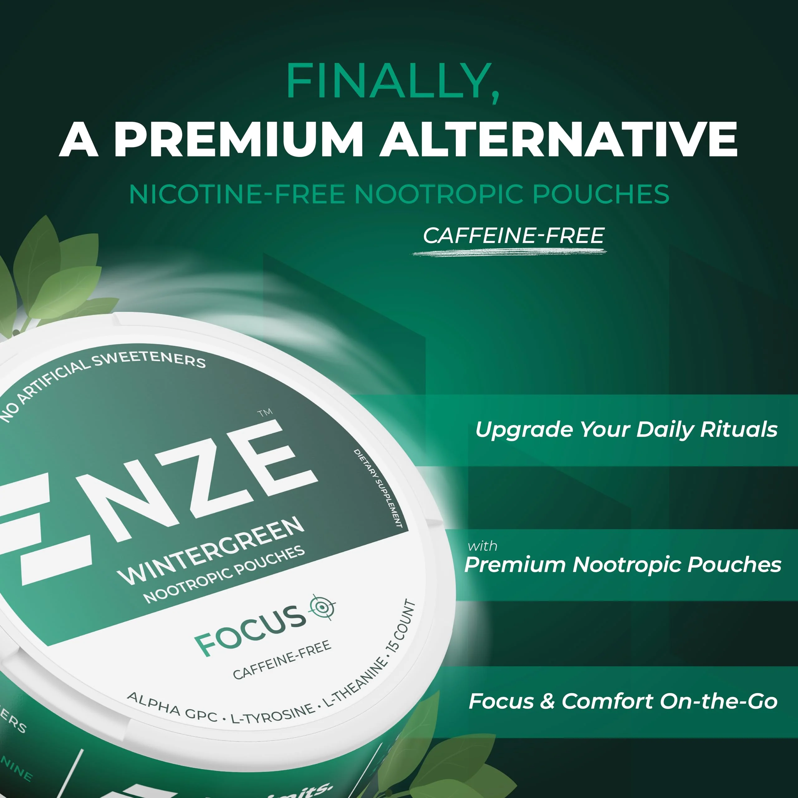 NZE Caffeine Free Nootropic Pouches (Wintergreen) – 15 Pouches Per Can – 5 Pack - Image 2