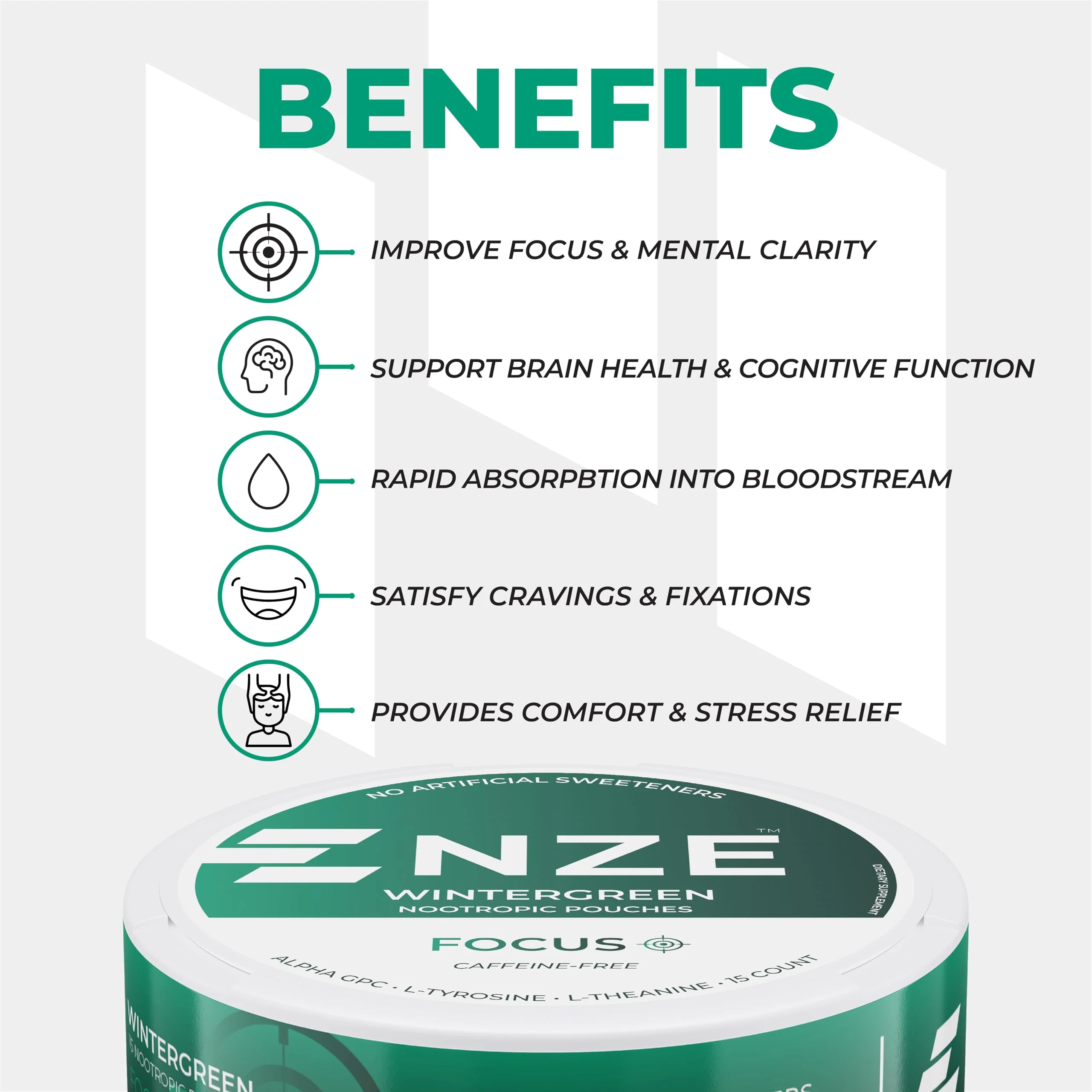 NZE Caffeine Free Nootropic Pouches (Wintergreen) – 15 Pouches Per Can – 5 Pack - Image 5