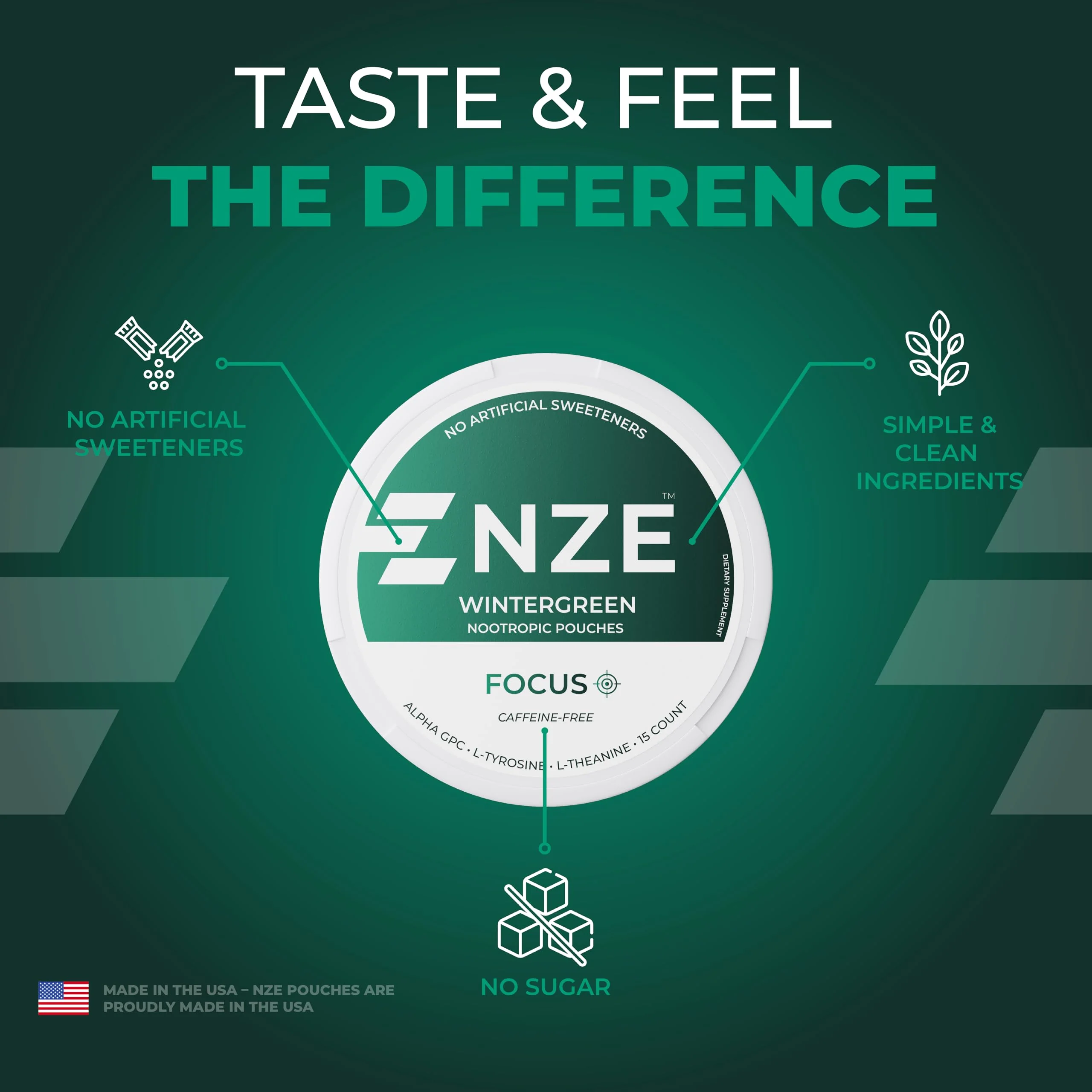 NZE Caffeine Free Nootropic Pouches (Wintergreen) – 15 Pouches Per Can – 5 Pack - Image 7