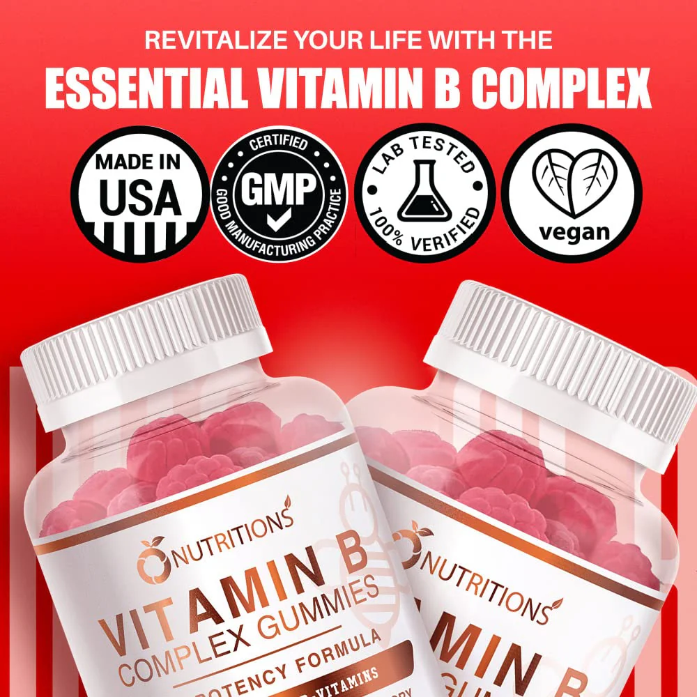 O NUTRITIONS Vitamin B Complex Vegan Gummies with Vitamin B12, B7 as Biotin, B6, B3 as Niacin, B5, B6, B8, B9 as Folate for Stress, Energy and Healthy Immune System (2 Pack) - Image 6