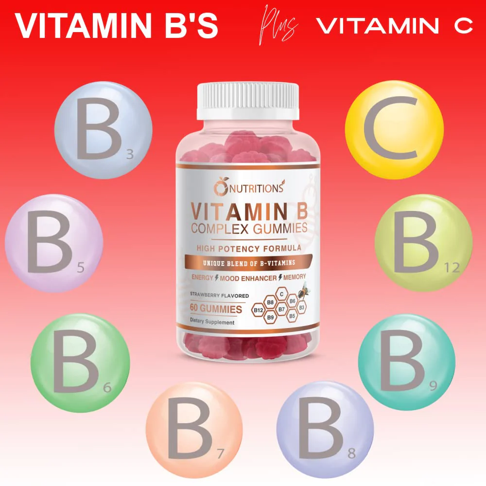 O NUTRITIONS Vitamin B Complex Vegan Gummies with Vitamin B12, B7 as Biotin, B6, B3 as Niacin, B5, B6, B8, B9 as Folate for Stress, Energy and Healthy Immune System (2 Pack) - Image 7
