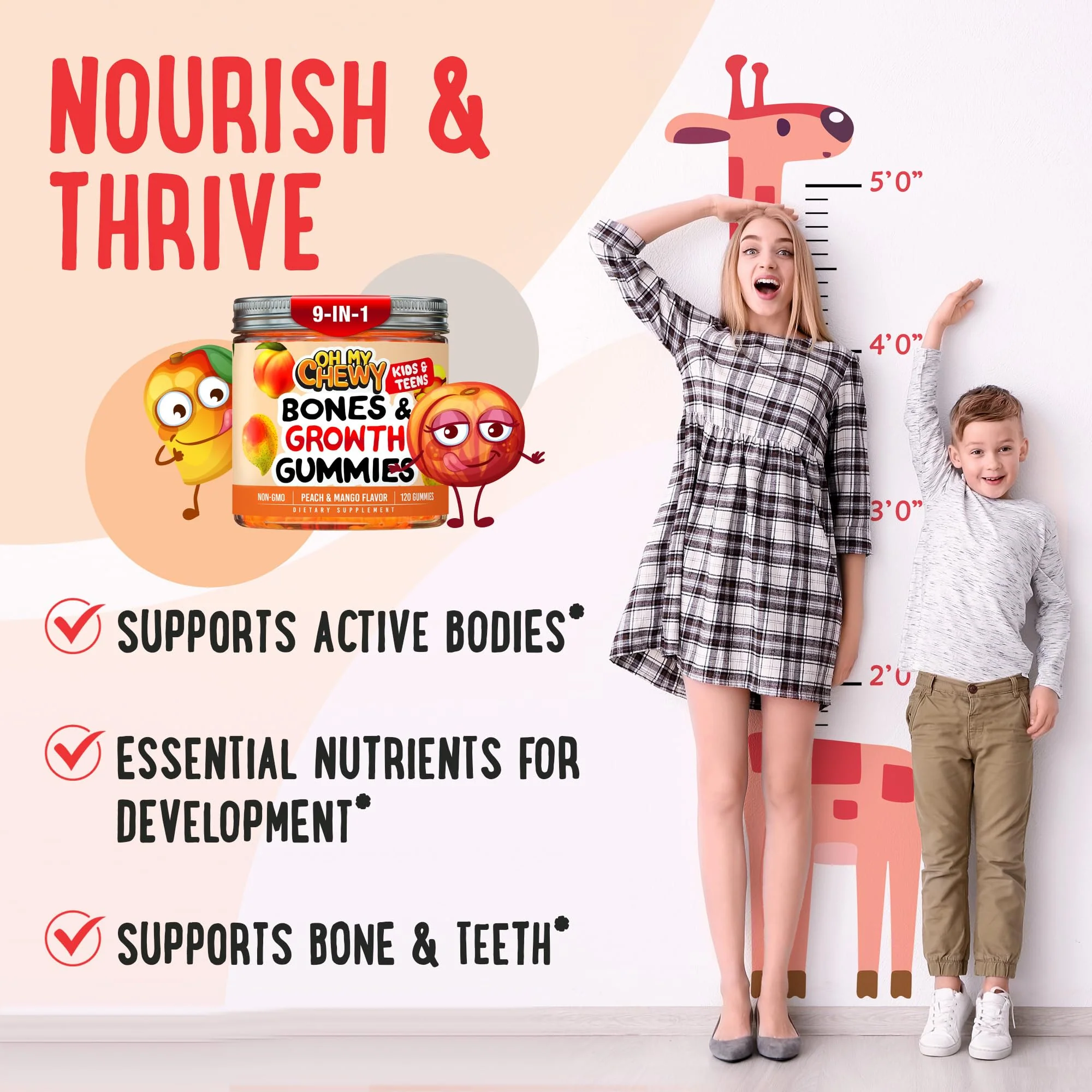 OH MY CHEWY Growth Increase Vitamin Gummies – Growth & Bone Support for Kids & Teens (Calcium, Vitamin D3, K2) Peach & Mango 60 CT - Image 3