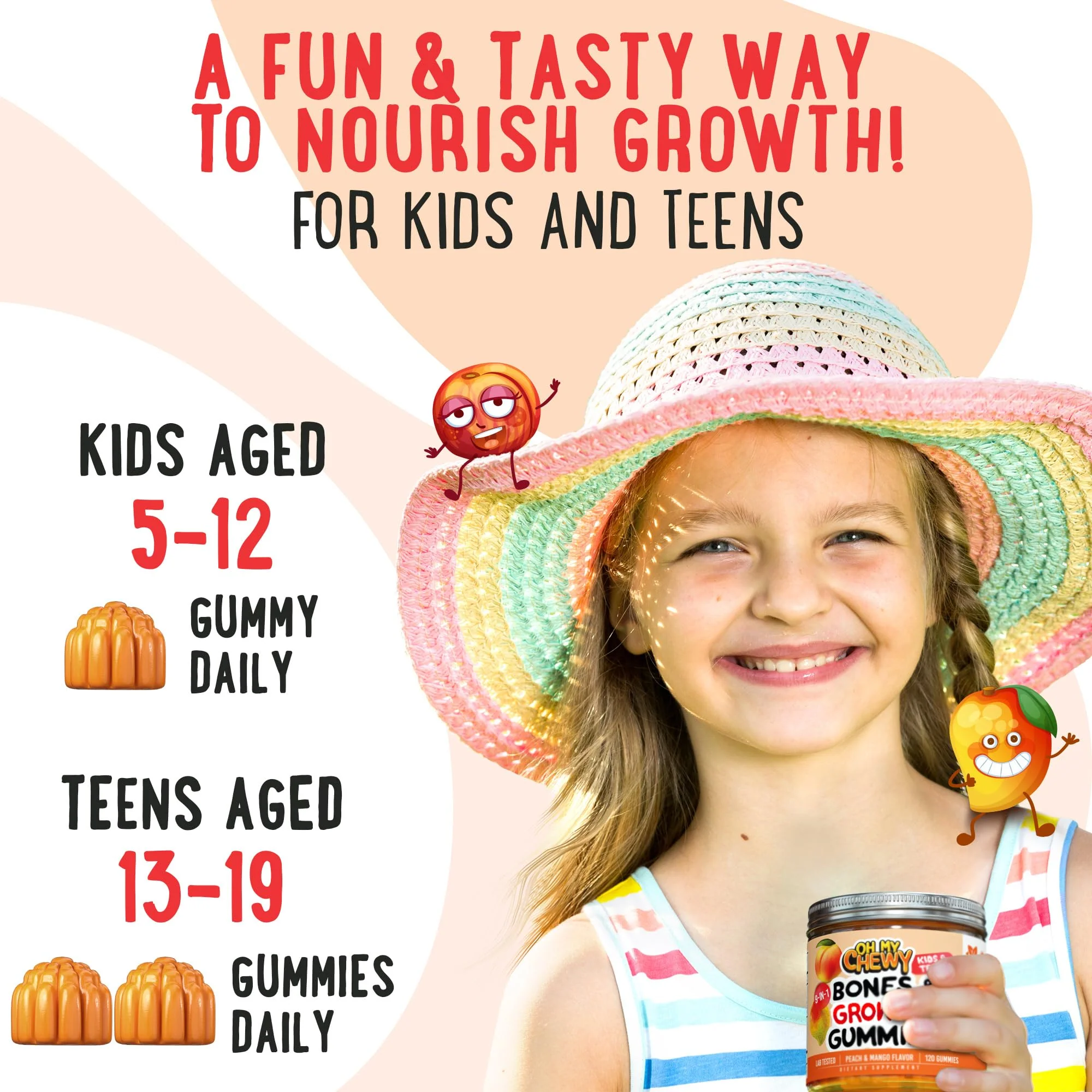OH MY CHEWY Growth Increase Vitamin Gummies – Growth & Bone Support for Kids & Teens (Calcium, Vitamin D3, K2) Peach & Mango 60 CT - Image 5