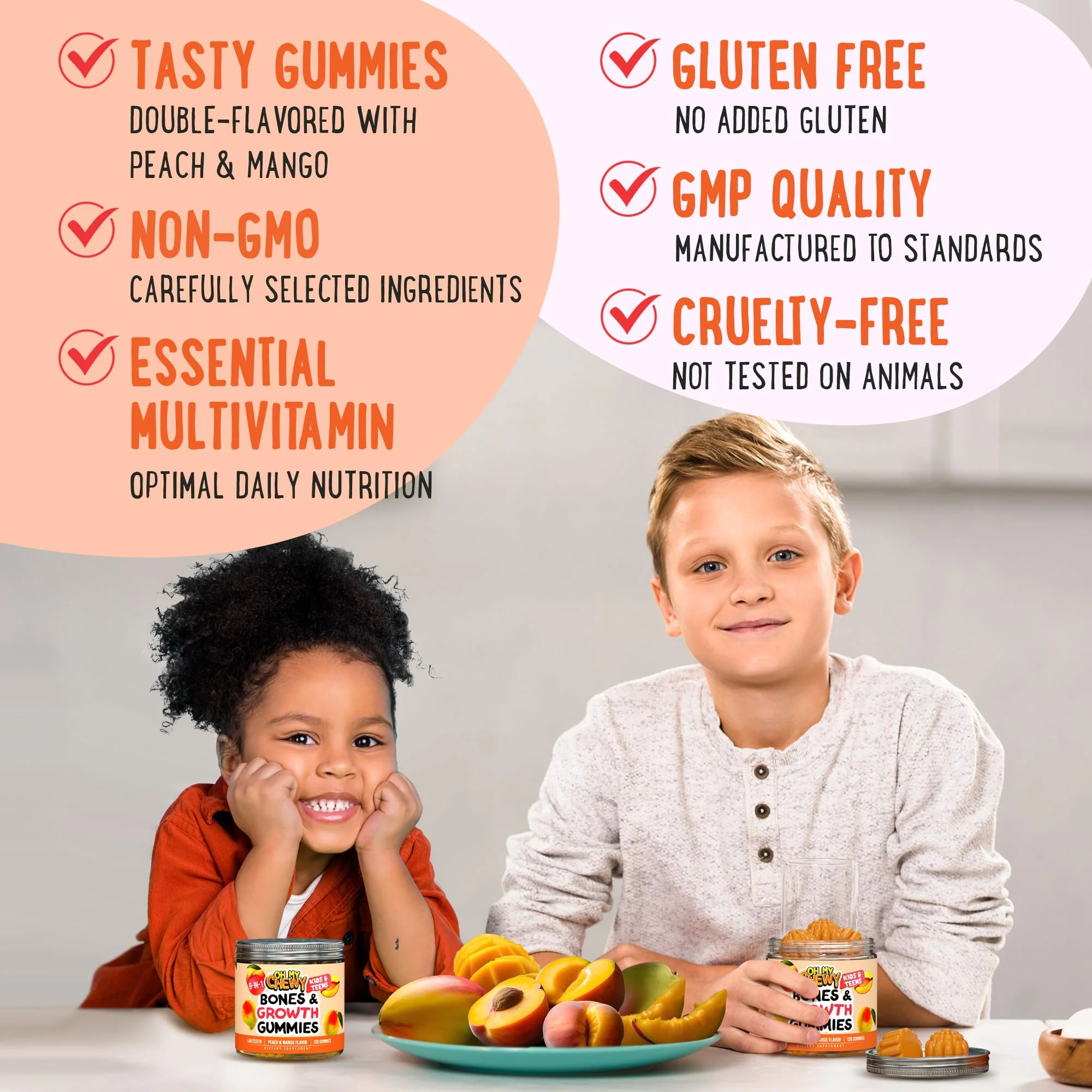 OH MY CHEWY Growth Increase Vitamin Gummies – Growth & Bone Support for Kids & Teens (Calcium, Vitamin D3, K2) Peach & Mango 60 CT - Image 8