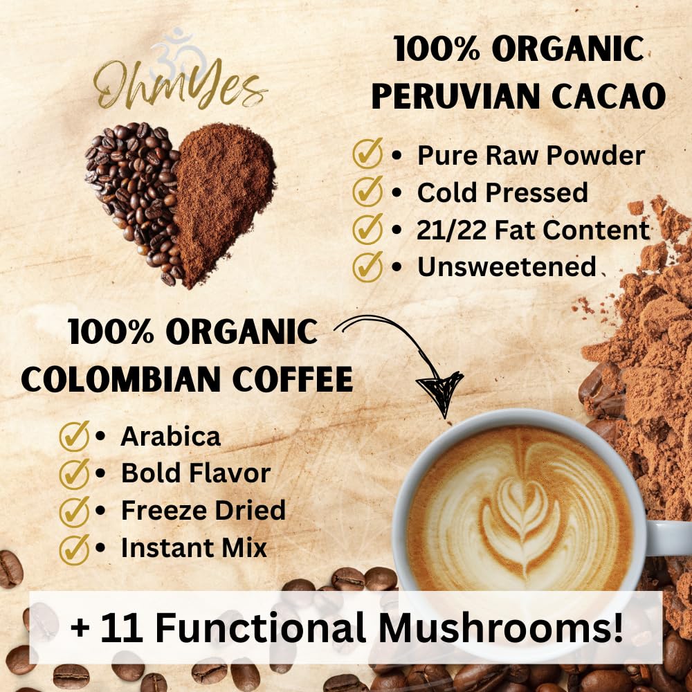 OhmYes 11 Mushroom Coffee + Cacao – Organic Nootropic Superfood Blend (7 oz) - Image 4
