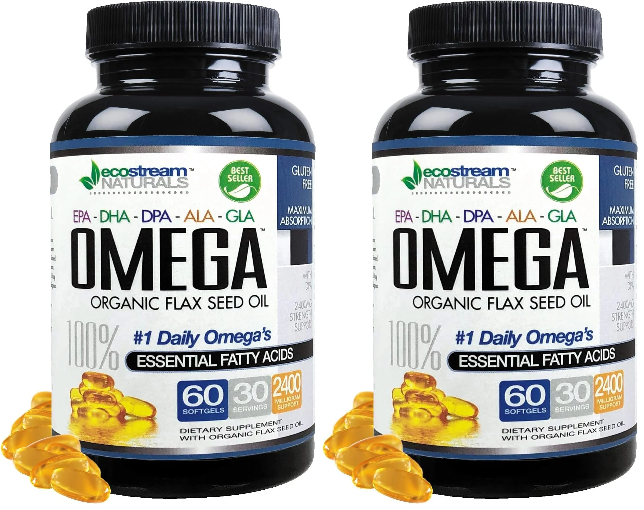 Omega 3-6-9 Blend with DPA, EPA, DHA, ALA & GLA + Organic Flax Seed Oil | Gluten Free 2x60 SoftGels
