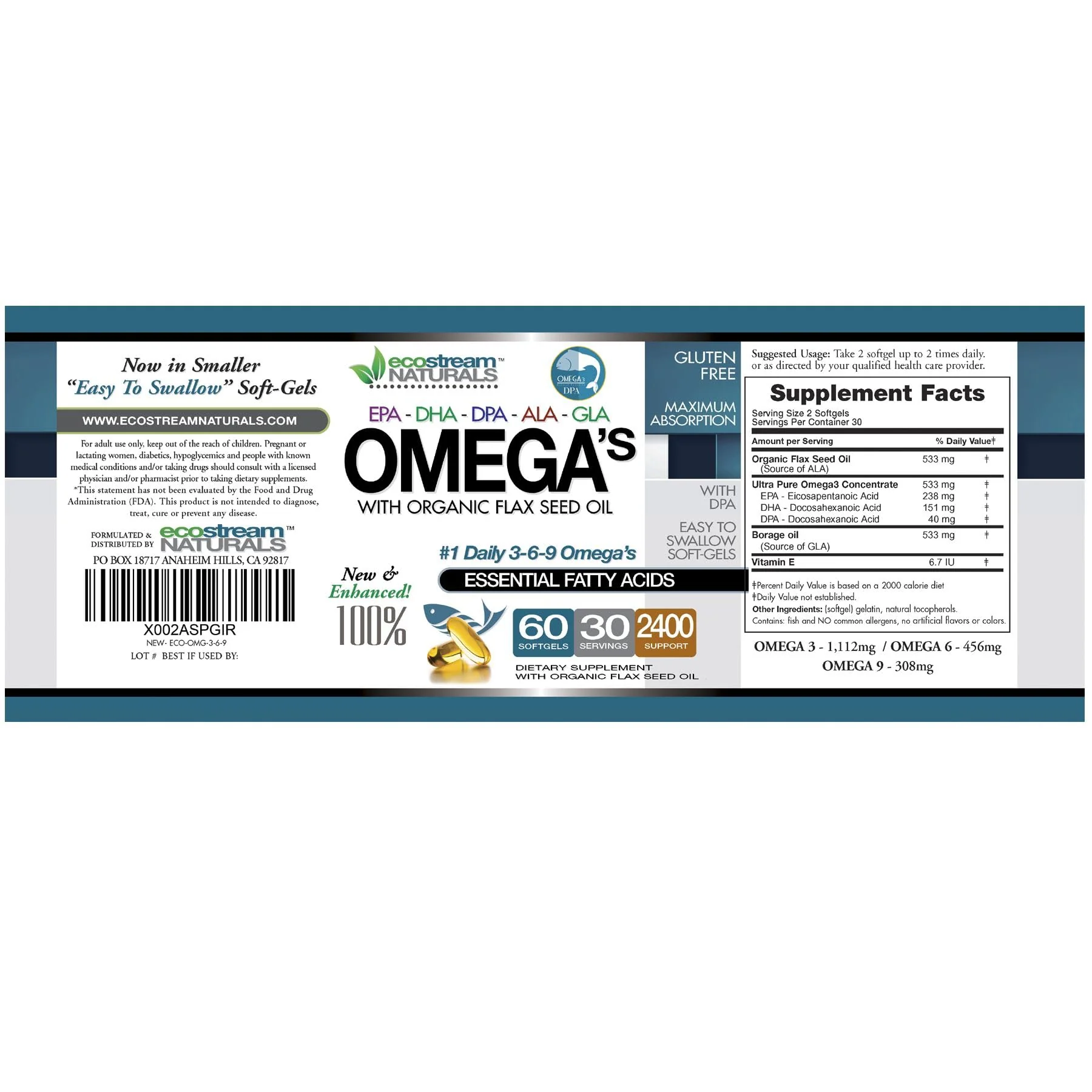 Omega 3-6-9 Blend with DPA, EPA, DHA, ALA & GLA + Organic Flax Seed Oil | Gluten Free 2x60 SoftGels - Image 2