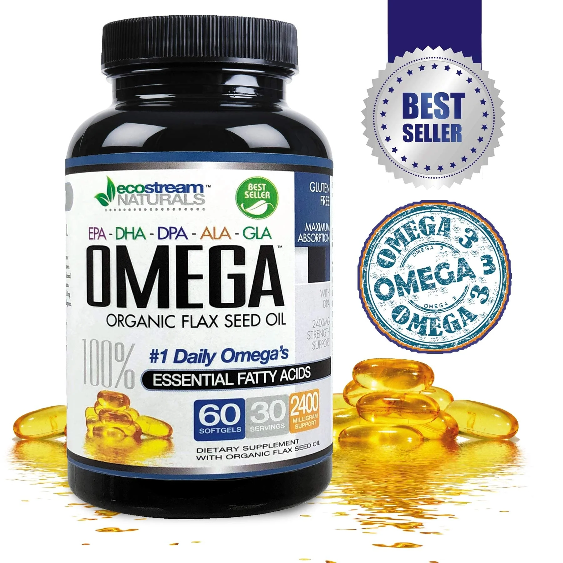 Omega 3-6-9 Blend with DPA, EPA, DHA, ALA & GLA + Organic Flax Seed Oil | Gluten Free 2x60 SoftGels - Image 4