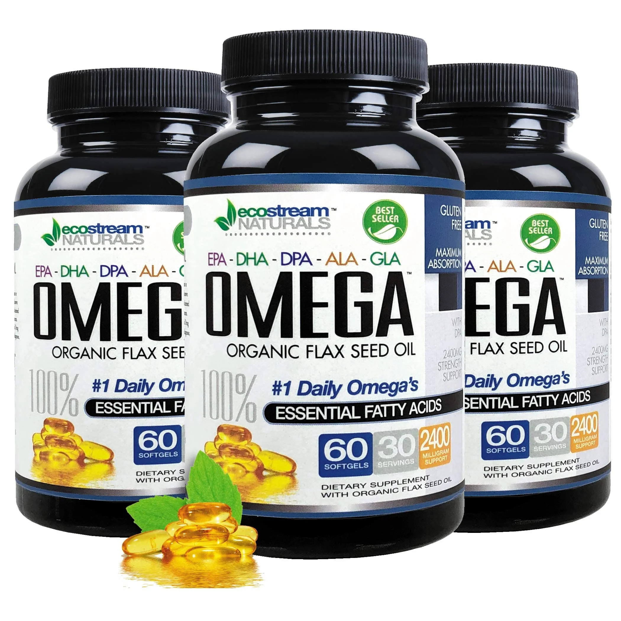 Omega 3-6-9 Blend with DPA, EPA, DHA, ALA & GLA + Organic Flax Seed Oil | Gluten Free 2x60 SoftGels - Image 6
