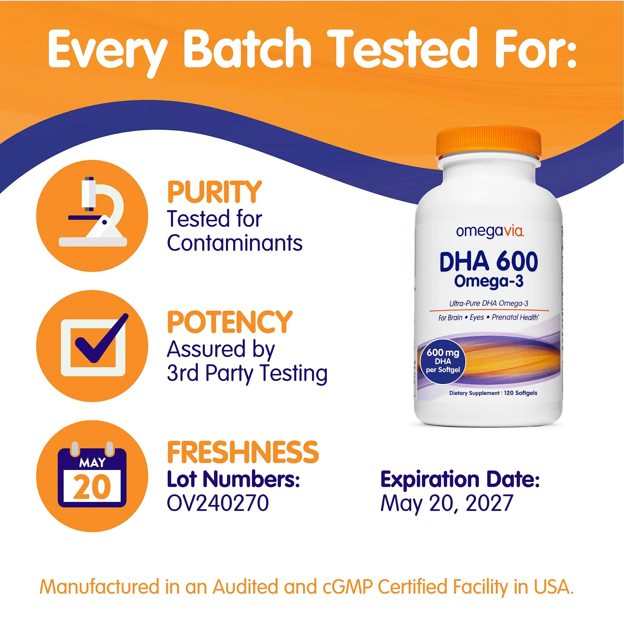 OmegaVia DHA 600 mg – Ultra Pure DHA for Brain & Eyes, Burpless, IFOS Tested, 120 Softgels - Image 15