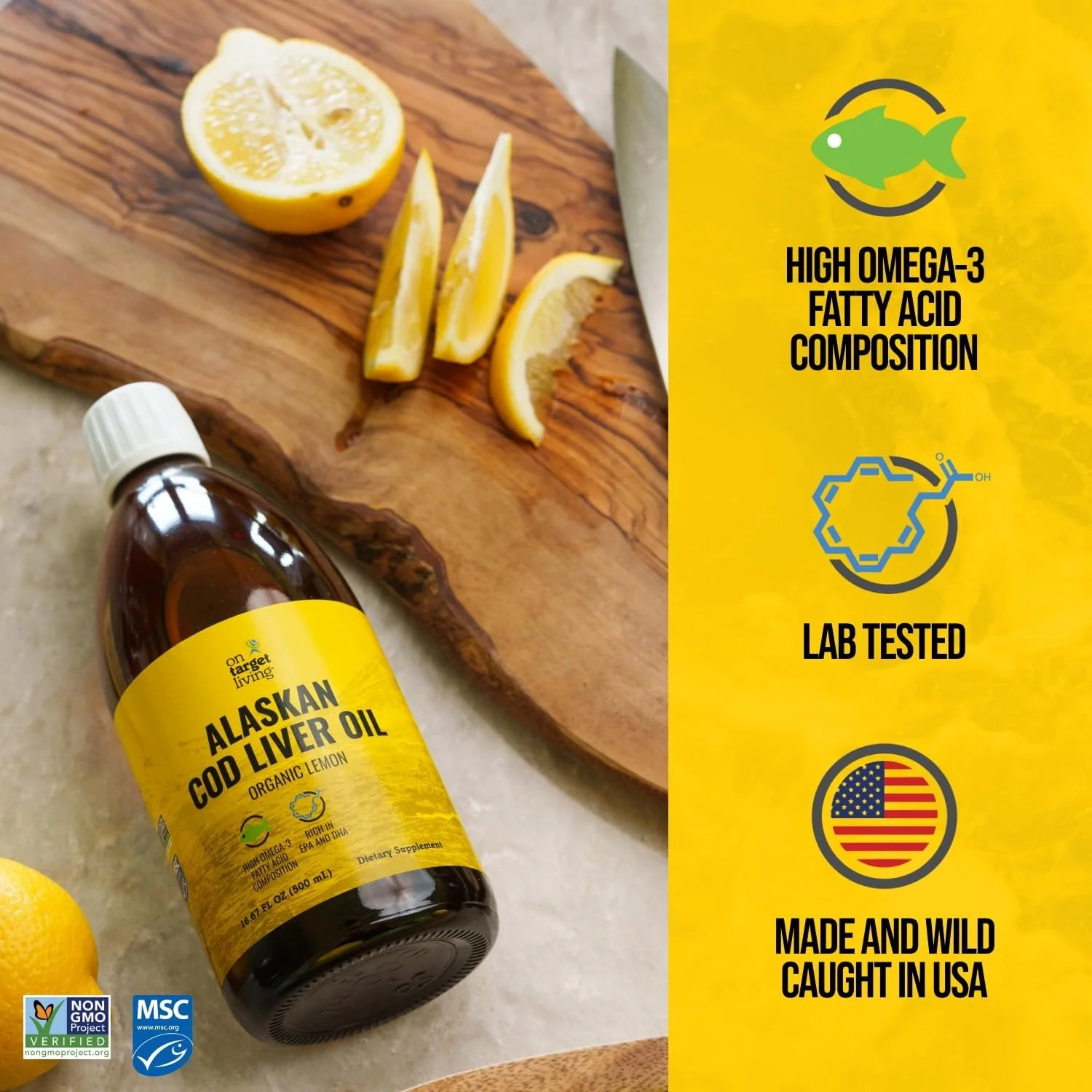 On Target Living Alaskan Cod Liver Oil – Organic Lemon 16.67 oz | Line Caught USA | Vitamin D | Omega-3 DHA/EPA | Non-GMO - Image 2