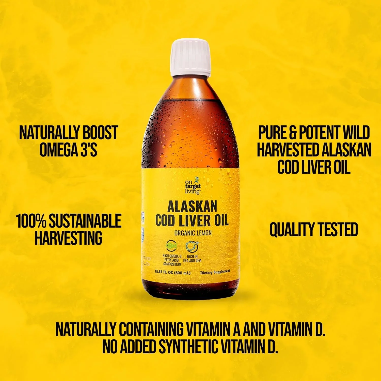 On Target Living Alaskan Cod Liver Oil – Organic Lemon 16.67 oz | Line Caught USA | Vitamin D | Omega-3 DHA/EPA | Non-GMO - Image 3