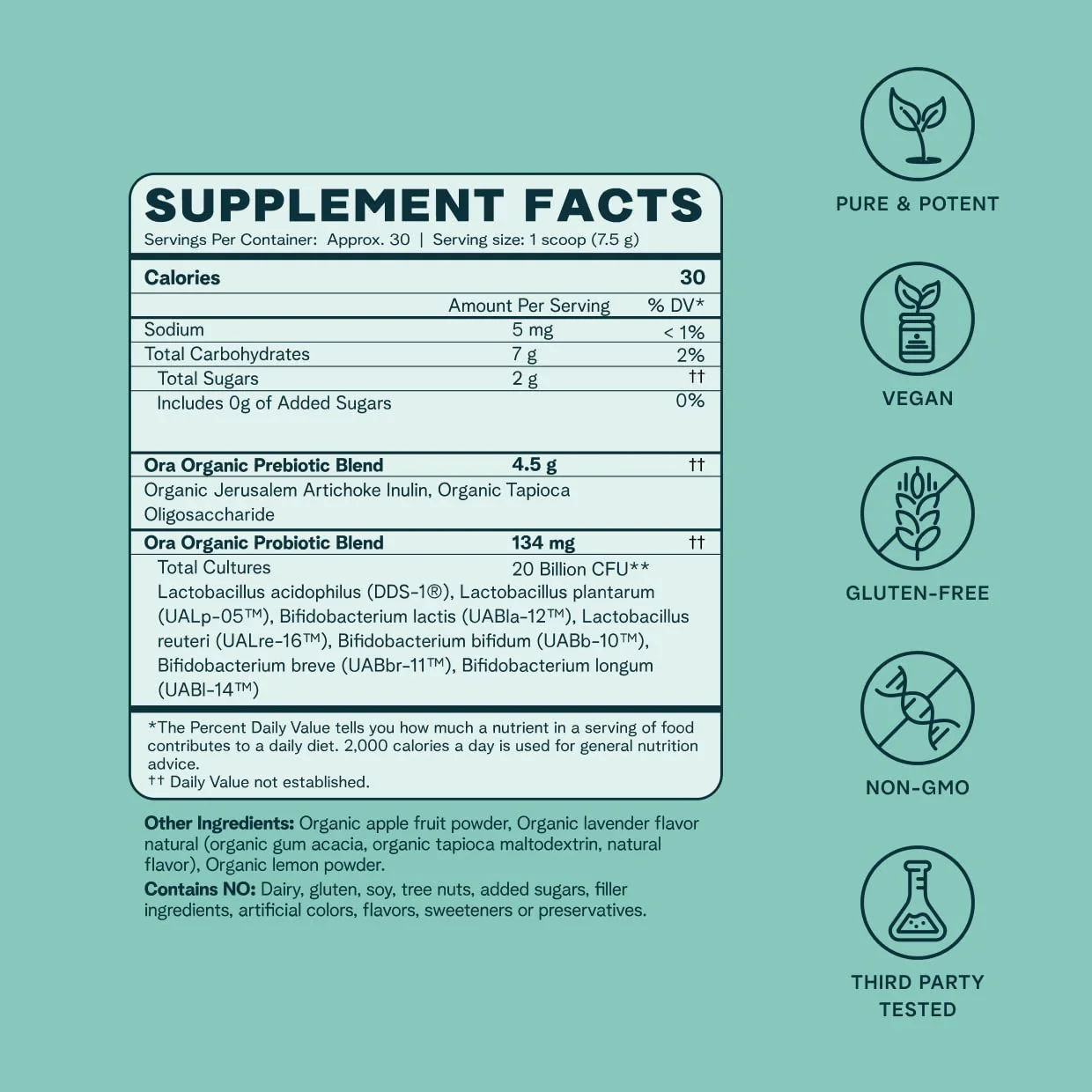 Ora Organic Prebiotic & Probiotic Powder – 20B CFU, 7 Strains, Lavender Lemonade, 30 Servings - Image 3