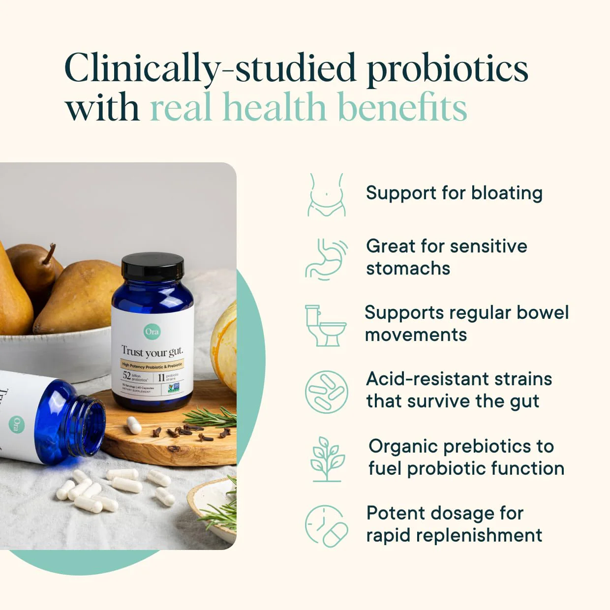 Ora Organic Probiotics with Prebiotics — 52 Billion CFU, 11 Strains, Gluten Free, 60 Capsules - Image 2