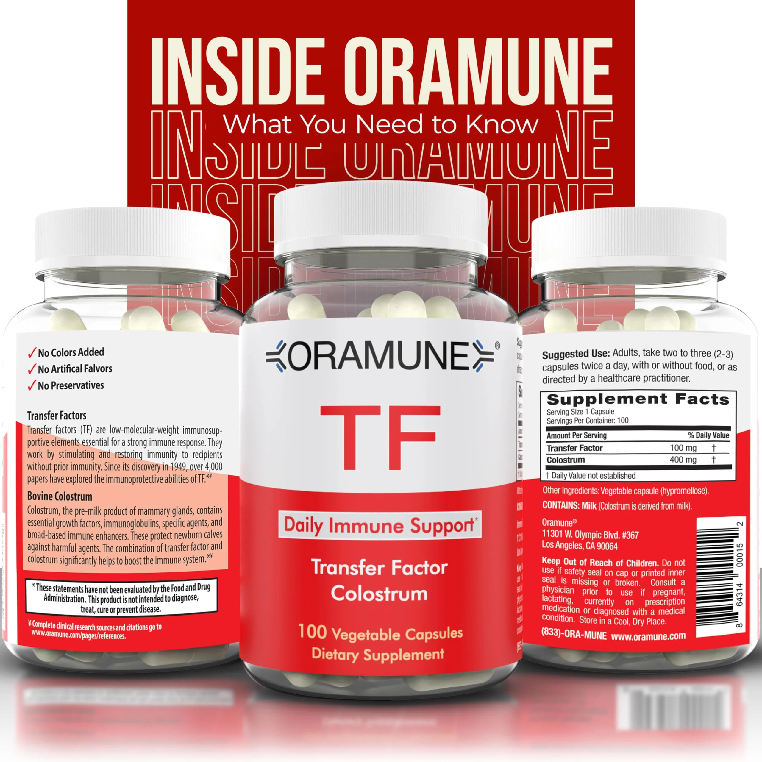 Oramune Transfer Factor & Colostrum Supplement | Bovine Colostrum Capsules for Immunity & Wellness - 100 Capsules - Image 3