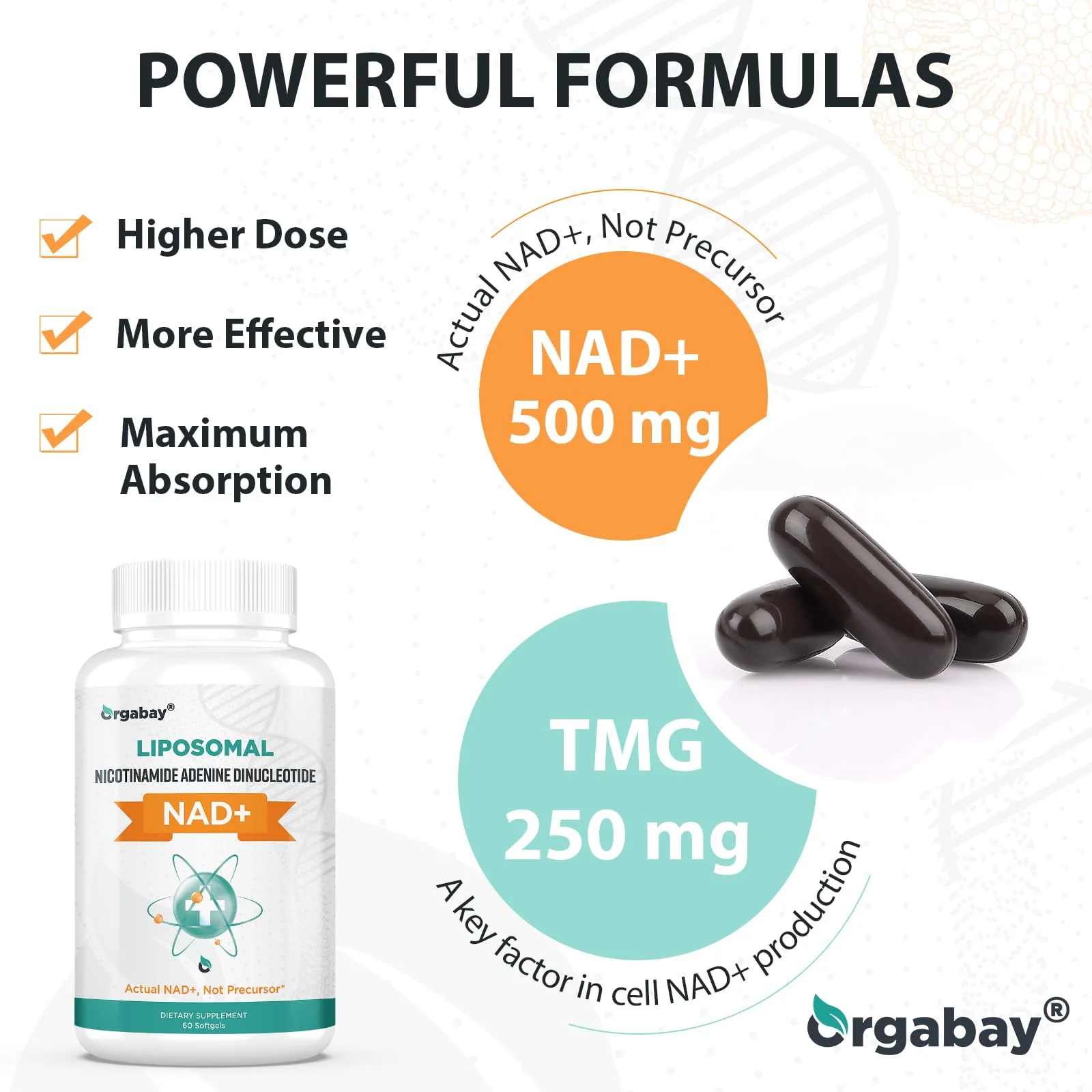Orgabay Liposomal NAD+ Supplement 500 mg | High Absorption with 250 mg TMG per Softgel | 120 Softgels - Image 7