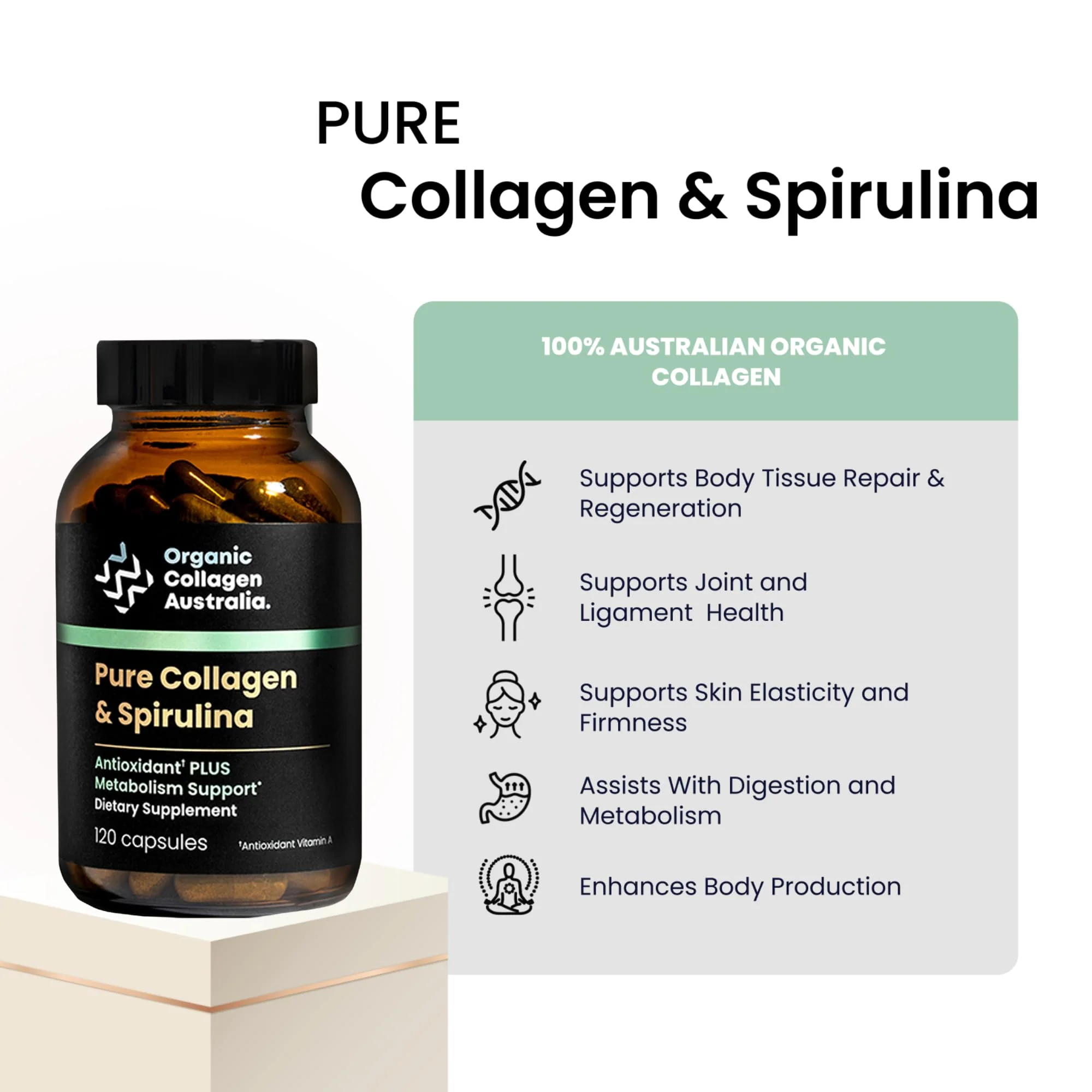 Organic Collagen Australia – Pure Collagen & Spirulina Capsules (120 Capsules) - Image 2