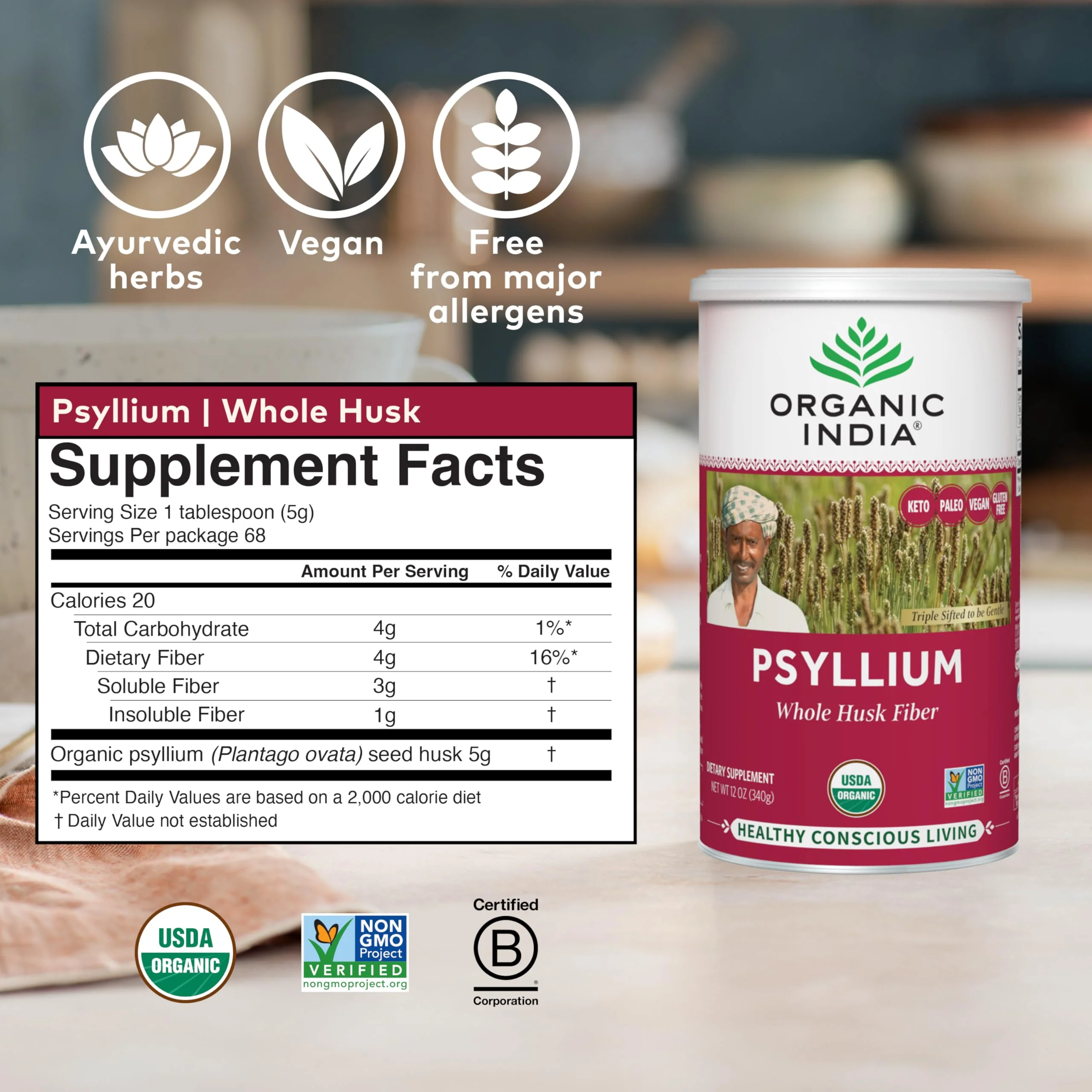Organic India Psyllium Herbal Powder – Whole Husk Fiber, 12 oz Canister, 3 Pack | Keto, Vegan, Gluten-Free, USDA Organic - Image 5